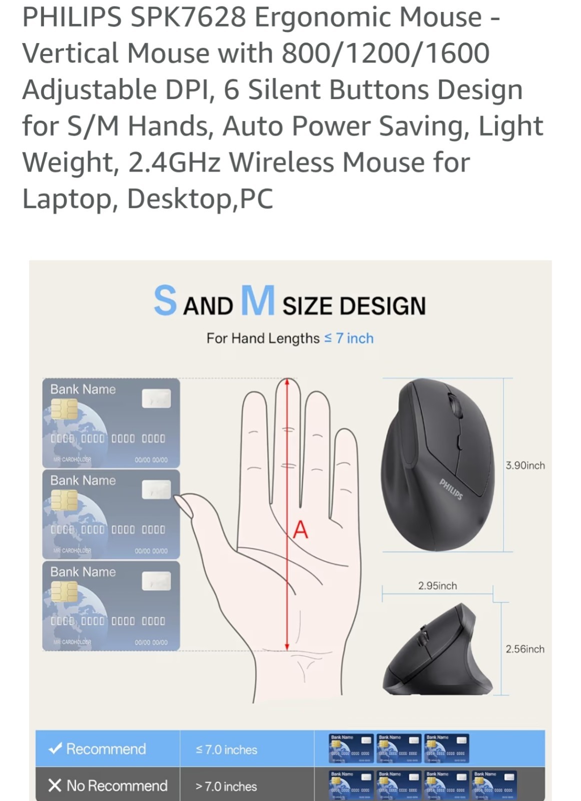 PHILIPS SPK7628 Ergonomic Mouse – Vertical Mouse 800/1200/1600 Adjustable B40
