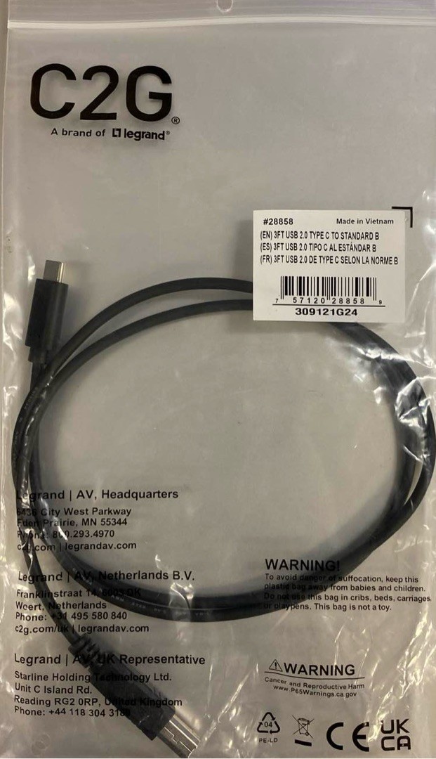 C2G 3ft USB 2.0 Type C to Standard B Cable Printer Scanner Cord 28858