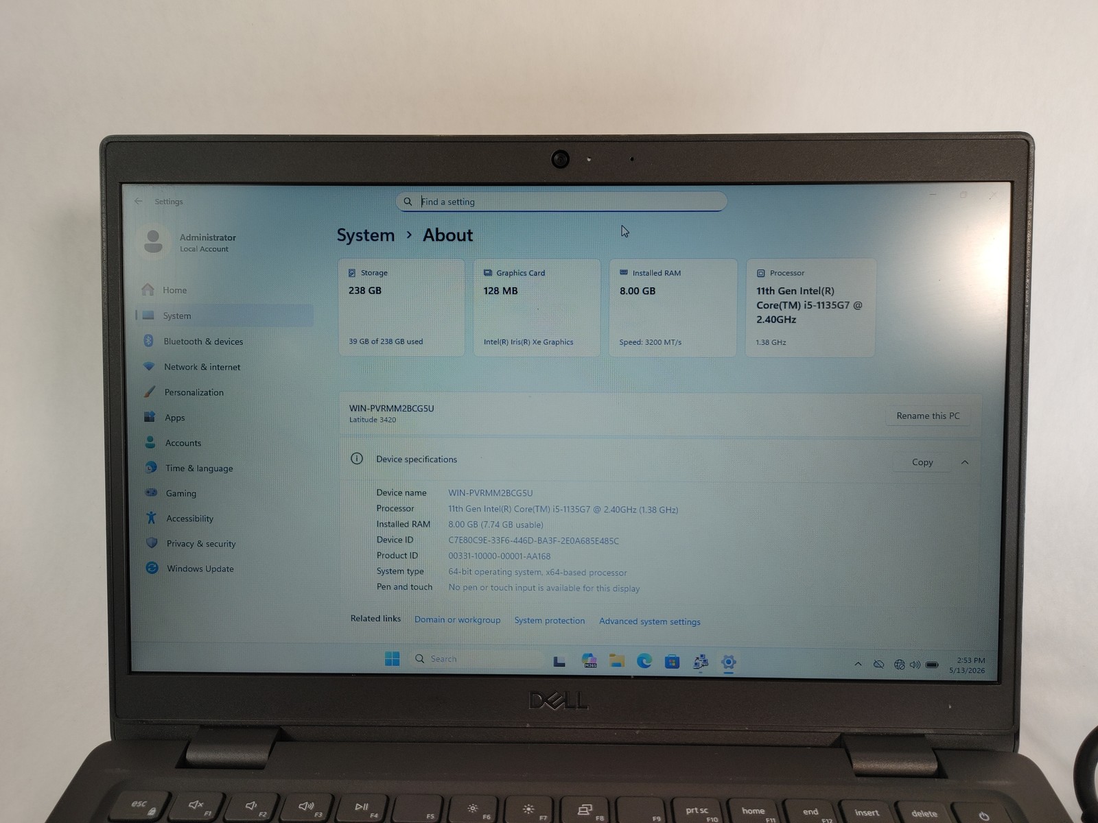 Dell Latitude 3420 Core i5-1135G7 2.40 GHz 8 GB DDR4 256 GB NVMe Windows 11 Pro