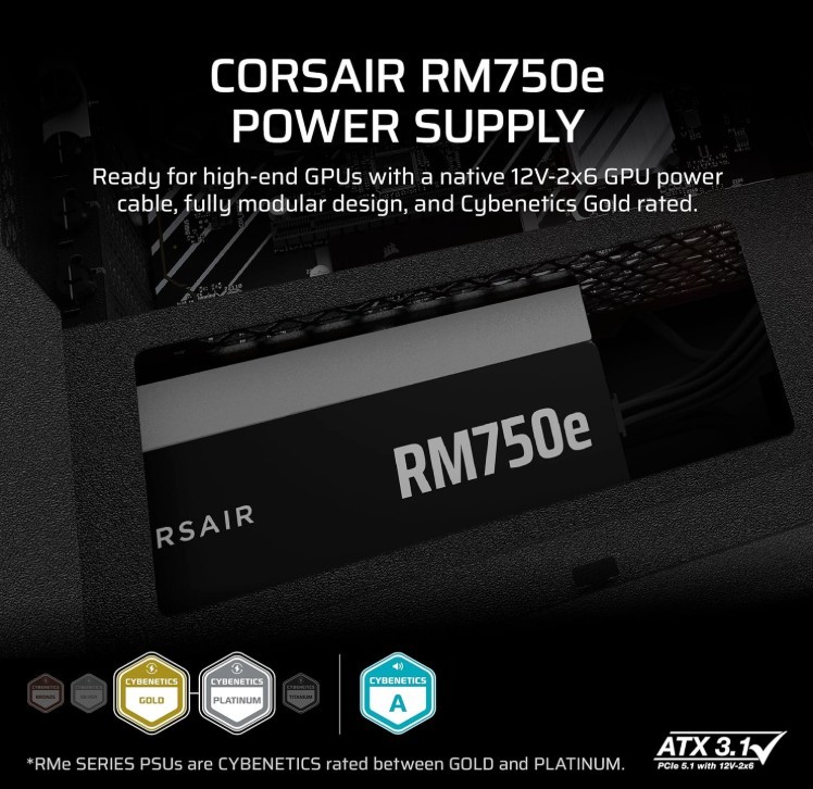 Corsair RM750e (2025) Fully Modular 750W Power Supply , Cables Included, Black