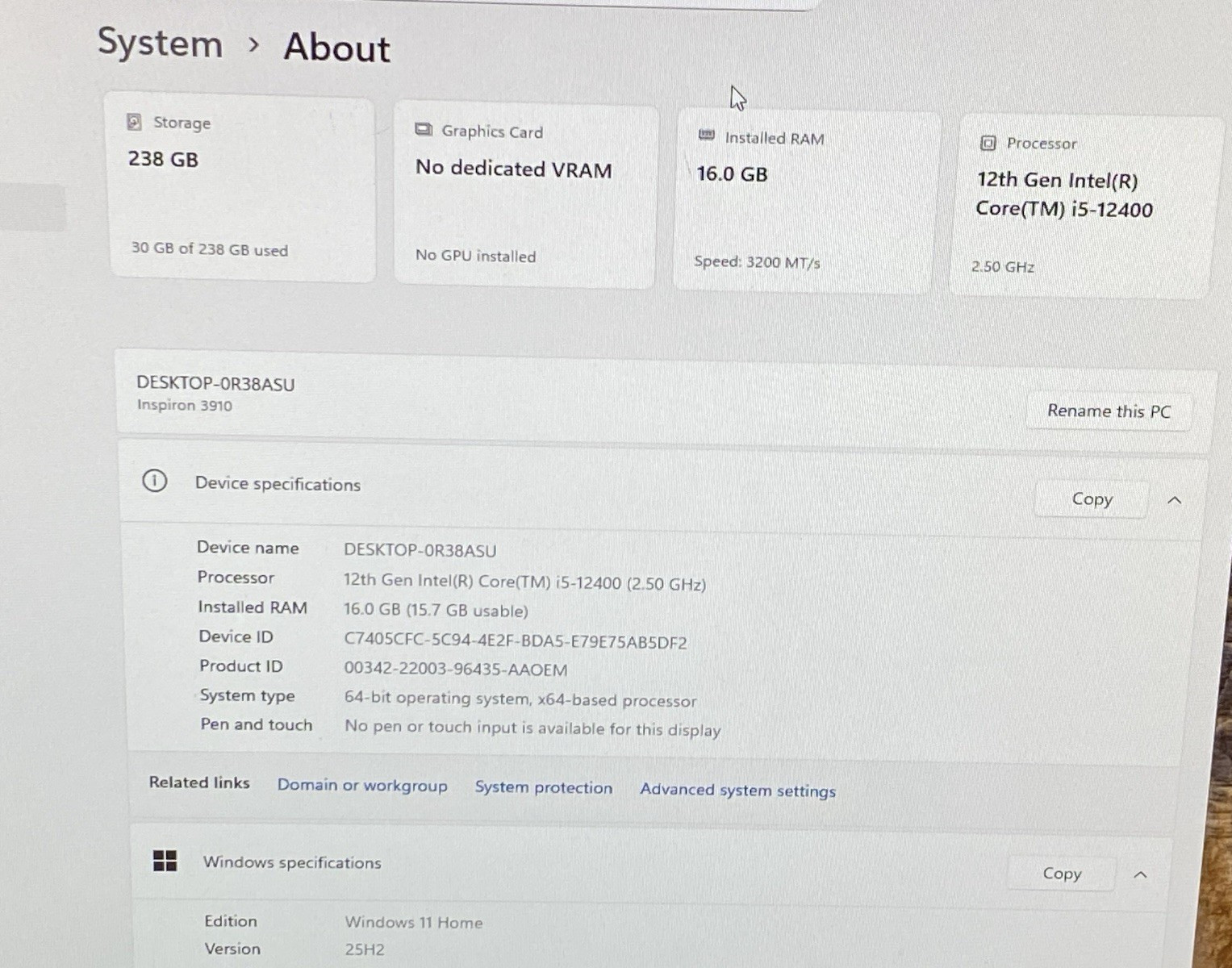 Dell Inspiron 3910 Intel Core i5-12400 2.5GHz 16GB RAM 256GB NVMe SSD Win 11
