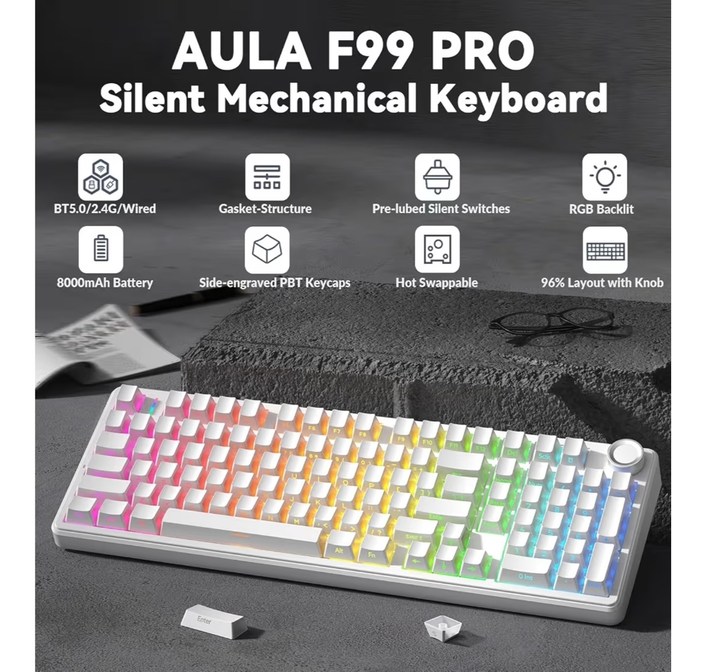 AULA F99 Pro Wireless Mechanical Keyboard Silent White RGB Hot Swappable Gaming