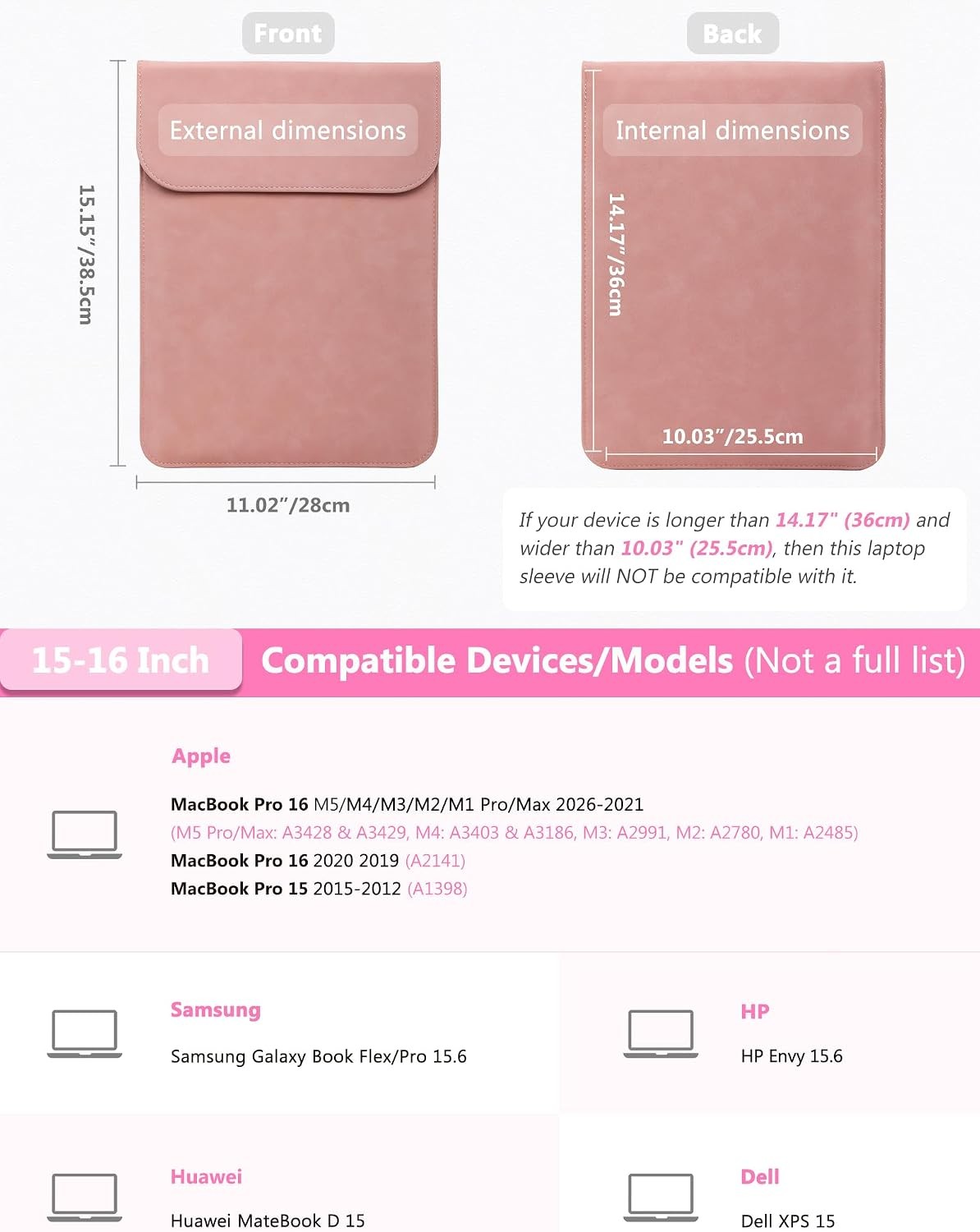 Pink Faux Suede Laptop Sleeve 15-16 Inch for MacBook Pro 16 M5/M4/M3/M2/M1 Max/P