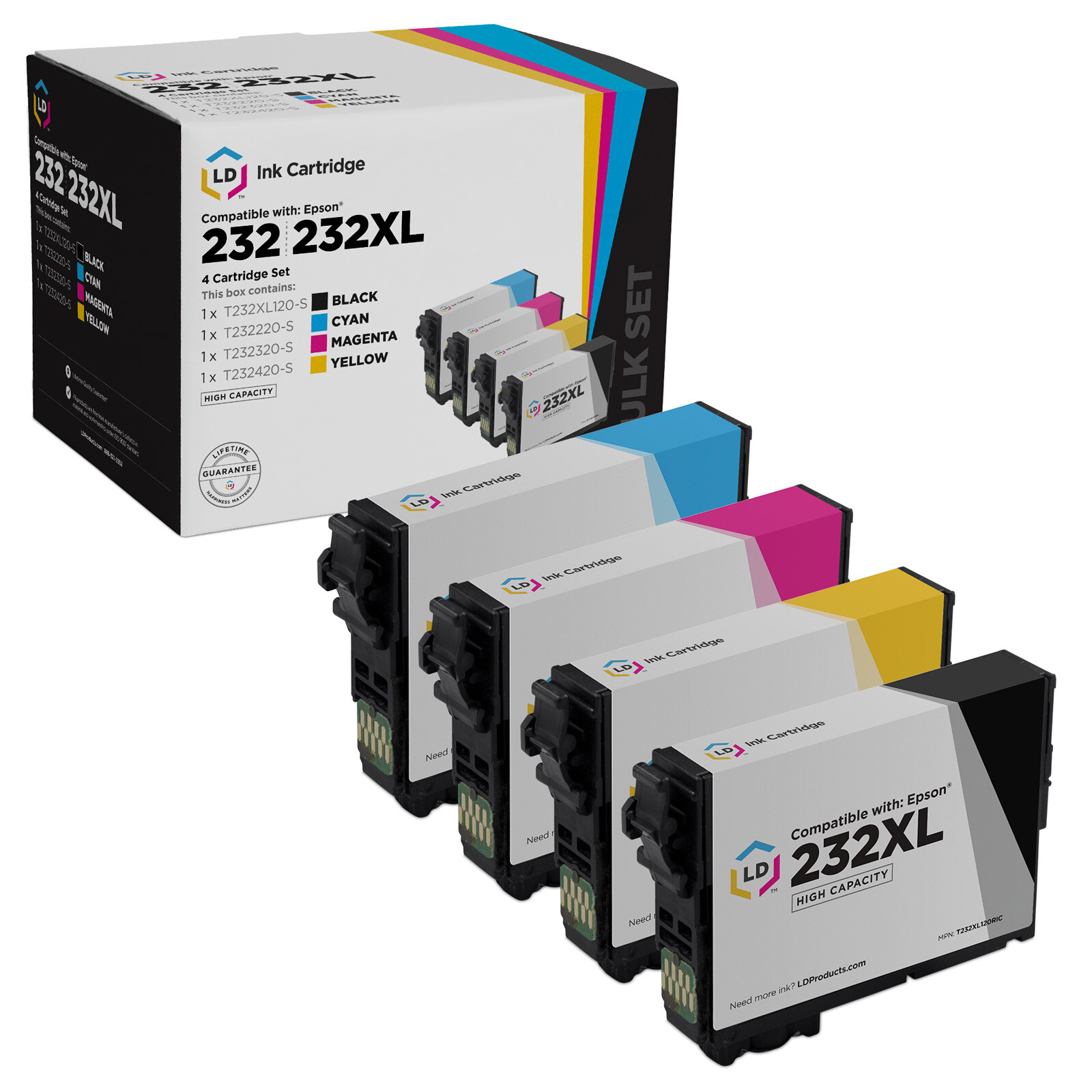 Ink Cartridge Replacements for Epson 232XL 232 HY, SY (Bk, C, M, Y, 4-Pack)