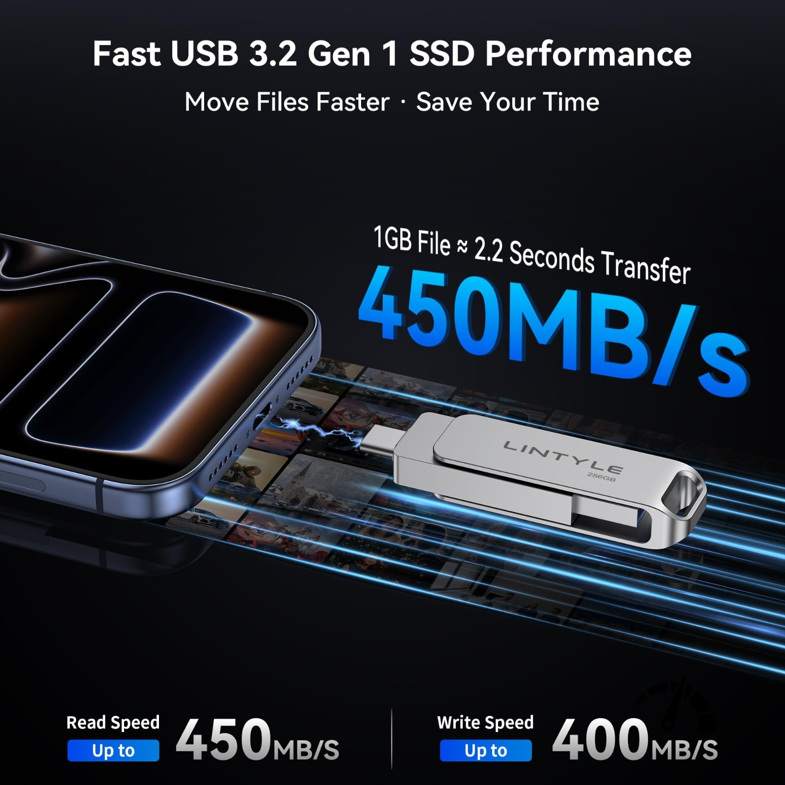 256GB Portable External SSD, 450MB/s Speed, USB 3.2 Gen 1, Dual Type C & A, Meta