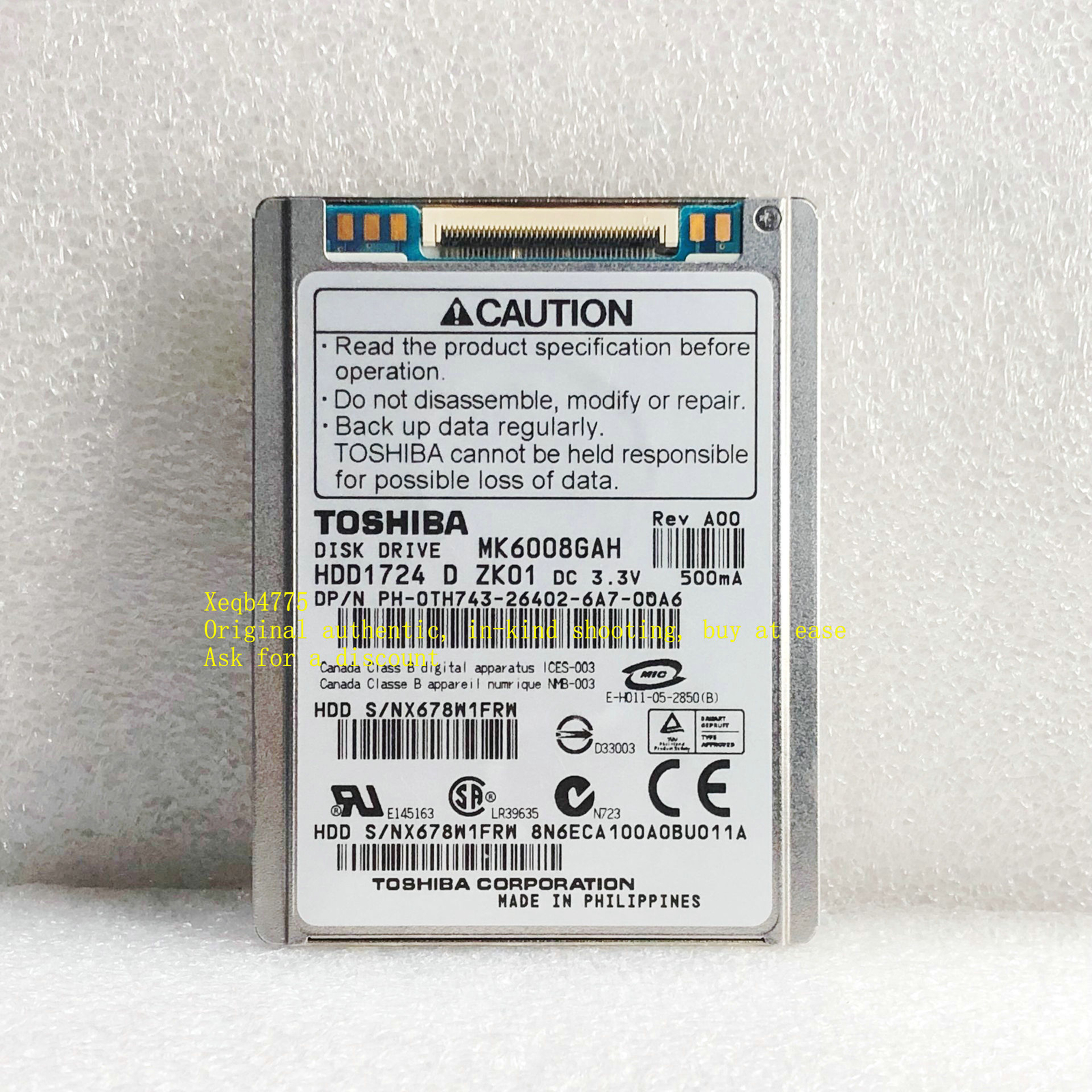 Toshiba 60GB MK6008GAH 1.8-inch hard drive, ATA-100 tested( 7MM thick )