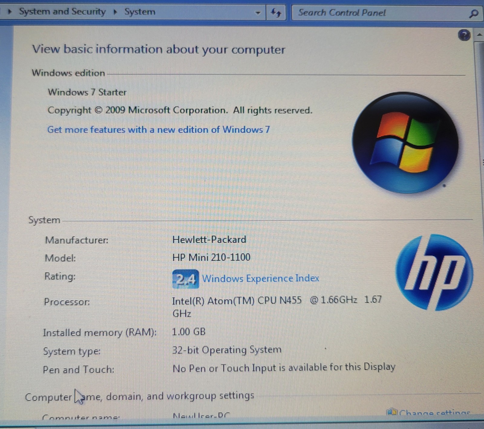 HP Mini 210-1171 Netbook 10.1″ Atom N455 1.66GHz 250GB HDD 1GB RAM Windows 7 +AC