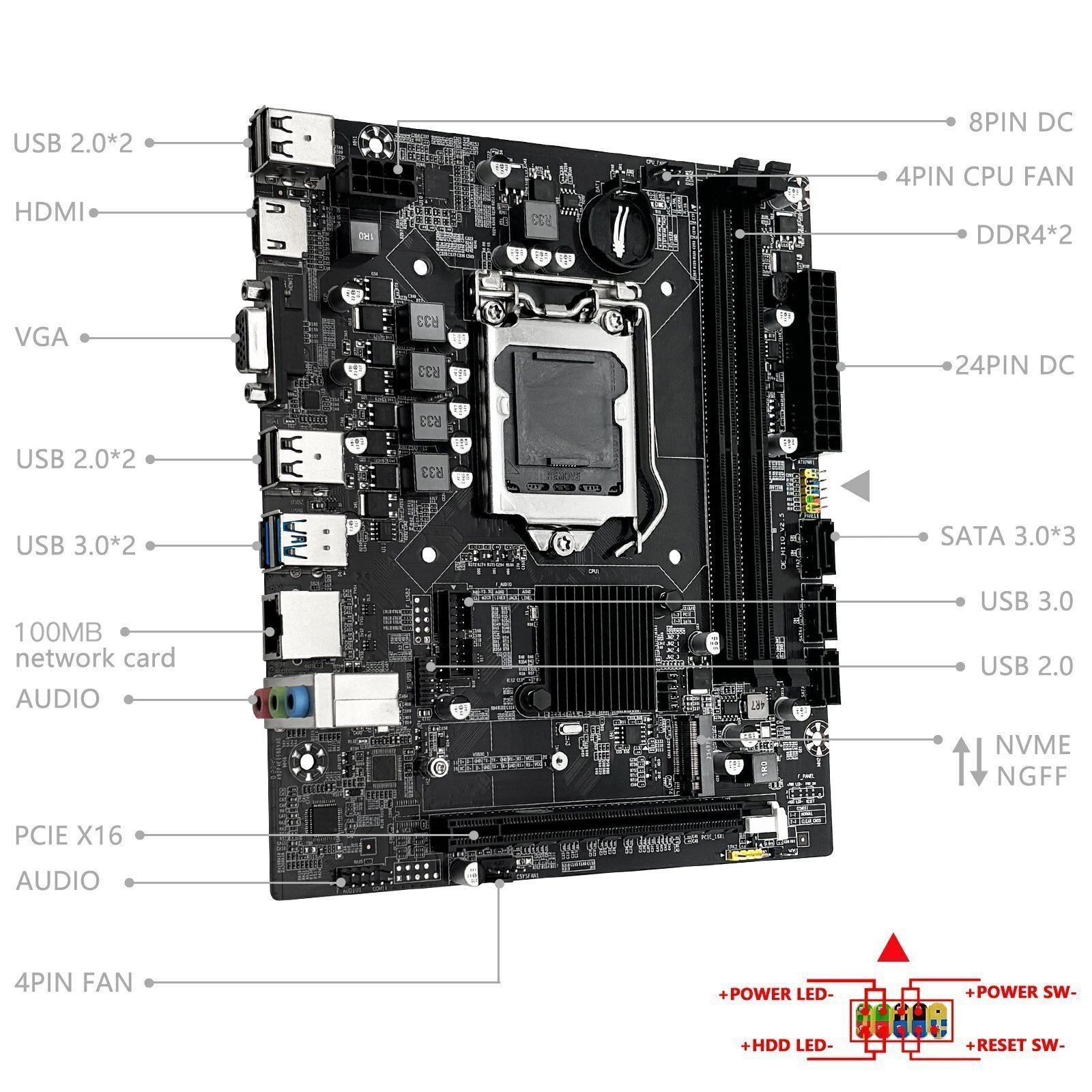 JUXIESHI LGA 1151 Motherboard H110 for Intel 9th 8th 7th 6th CPU, PCI-E 3.0 DDR4