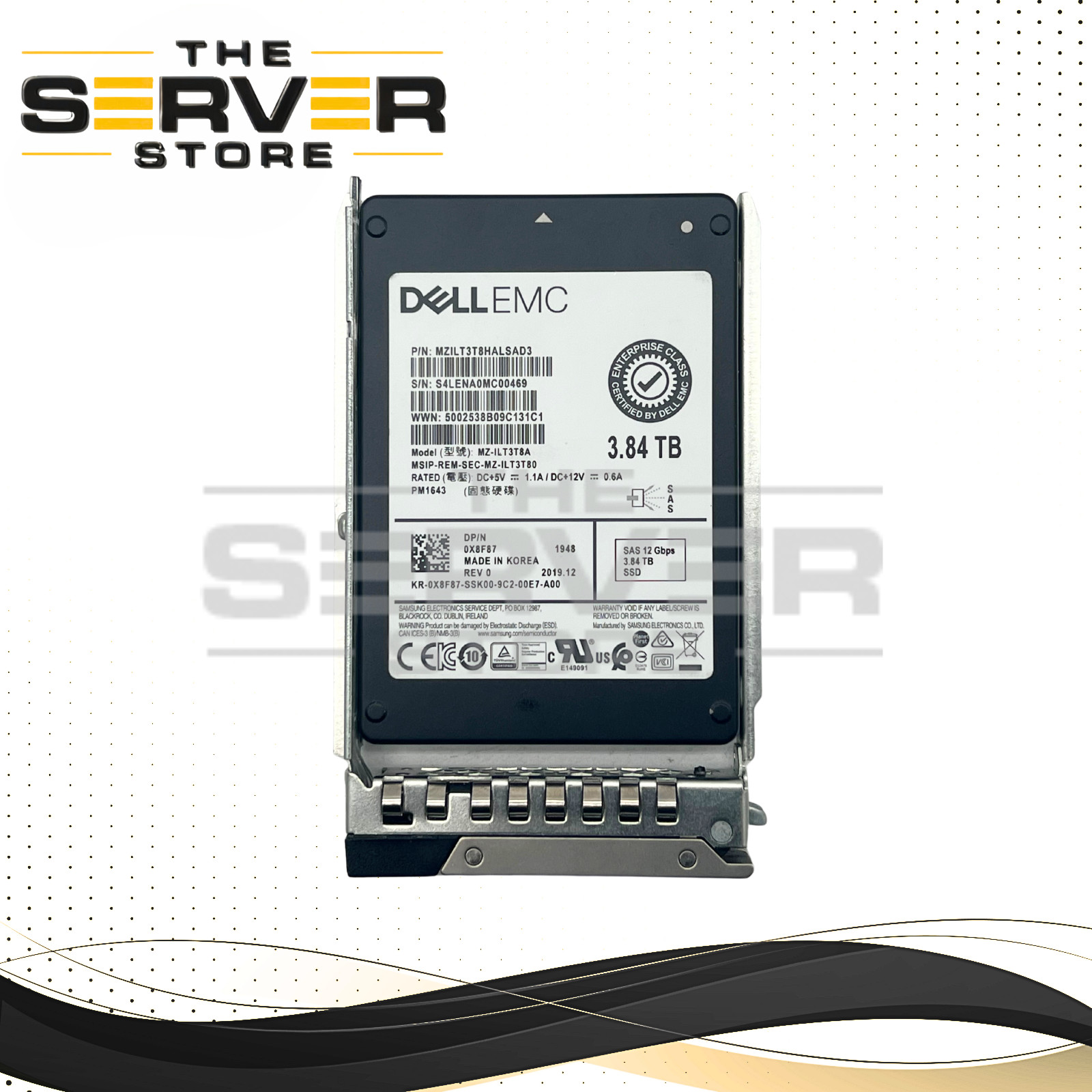 (NOB) Dell EMC 3.84TB SAS 12G RI 2.5″ SSD PM1643 MZ-ILT3T8A (G15) 0X8F87 X8F87