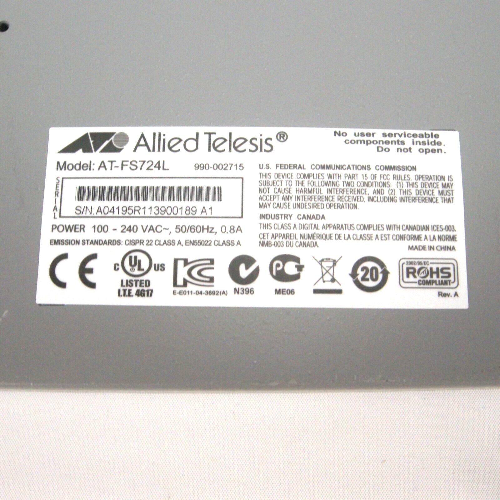 Allied Telesis 24 Port 10/100 Network Switch – Rack Mountable AT-FS724L