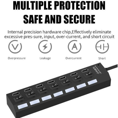 USB Hub 7 Port On/Off Switch High Speed Splitter AC Adapter Cable PC Laptop Lot