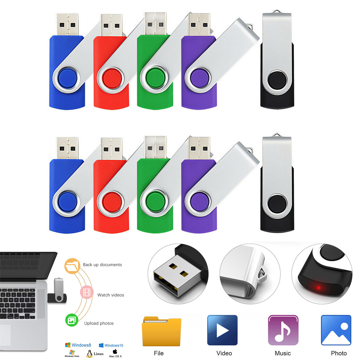 5/10Pack 1G 2G 4G 8G 16GB Swivel USB 2.0 Flash Pen Drive Folding Memory Sticks