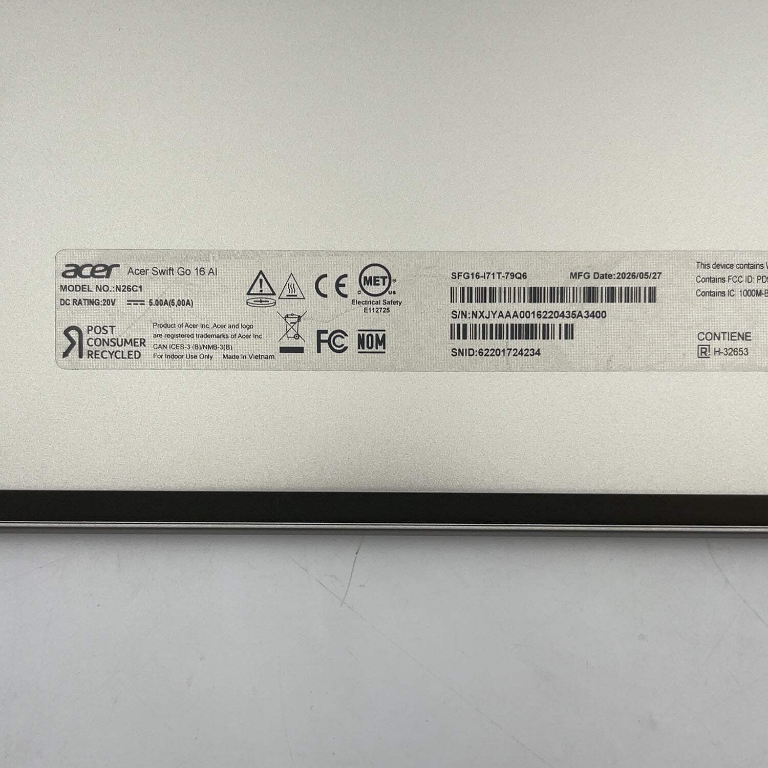 Acer Swift Go 16 N26C1 16″ Core Ultra 7 355 2.3GHz 32GB RAM 1TB SSD