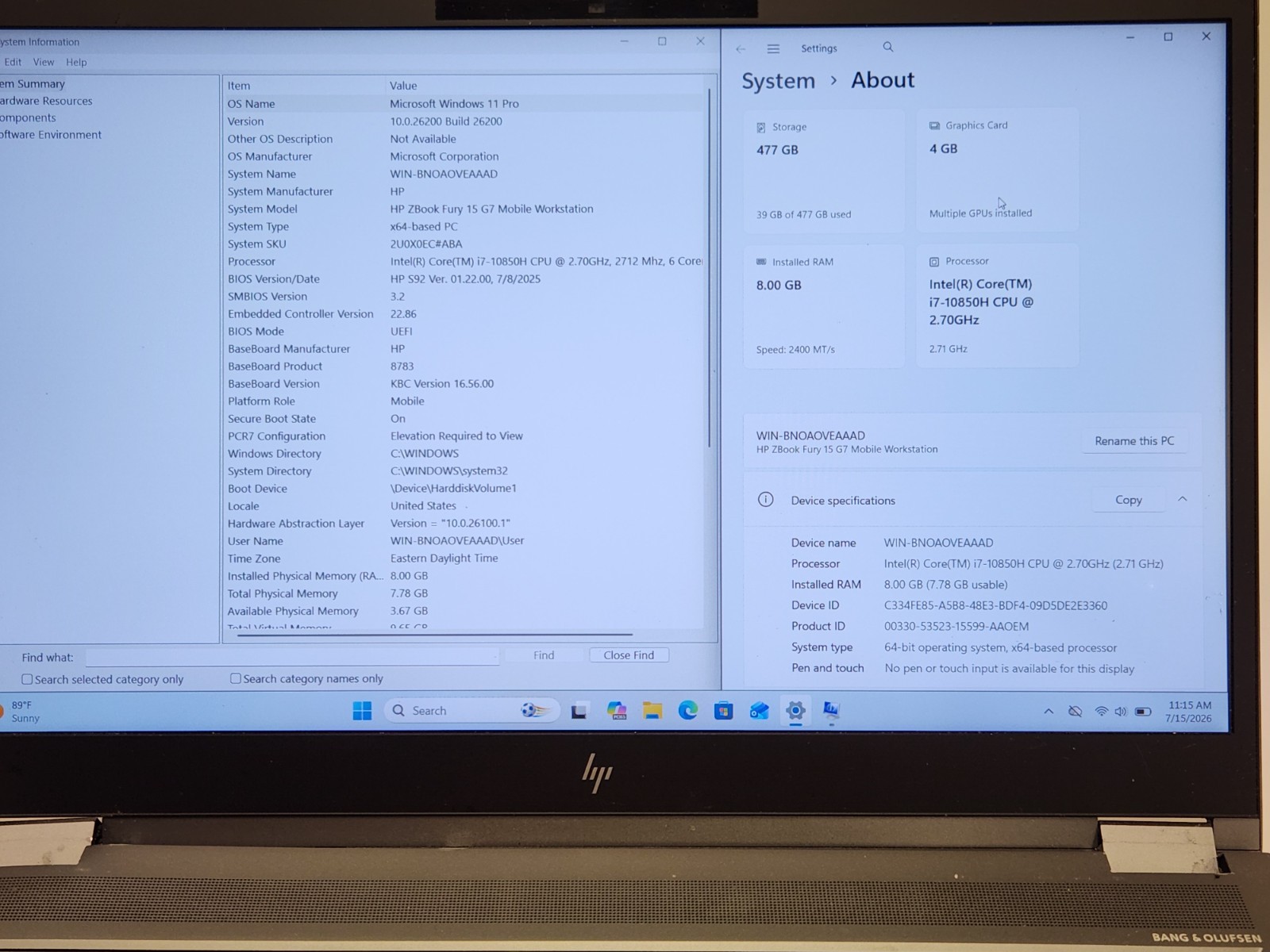 HP ZBook Fury 15 G7 15.6″ i7-10850H 2.7GHz 8GB 512GB W11P Quadro T2000 70% BATT