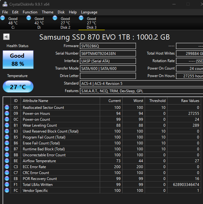 Samsung 870 EVO 1TB 2.5″ SATA III Internal SSD CrystalDisk Tested 87%-88% Health
