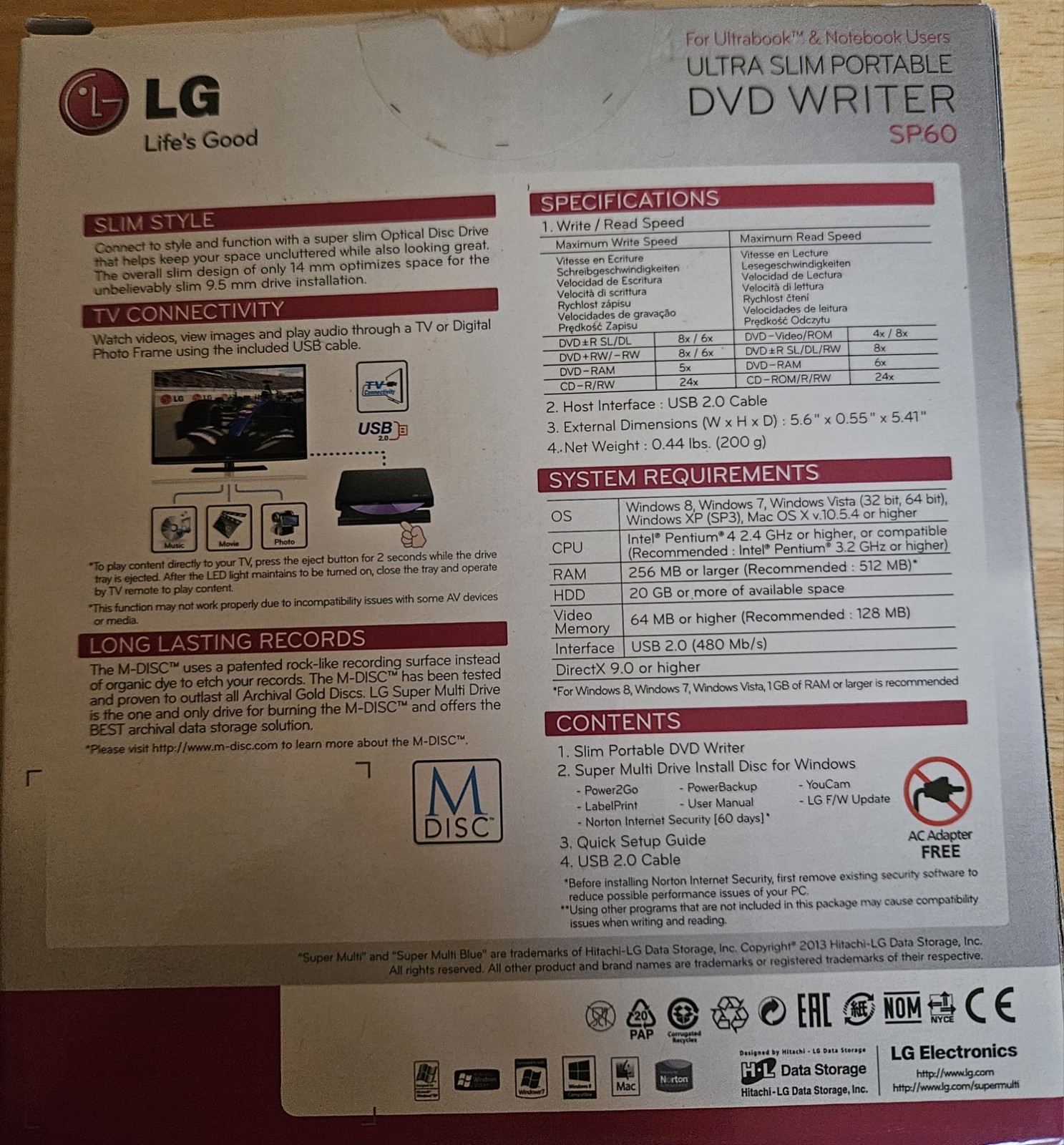 LG SP60 Ultra Slim USB Portable DVD CD M DISC External Drive Mac Windows TV