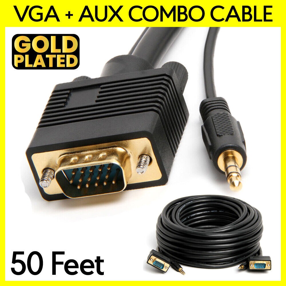 50 Feet VGA Cable with AUX SVGA + 3.5mm Monitor Cord Super VGA Audio Video Cable