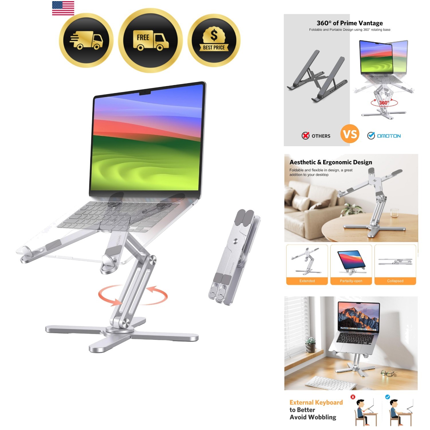 LA10 360° Rotating Laptop Stand Riser for Desk, Ergonomic Foldable Computer S…