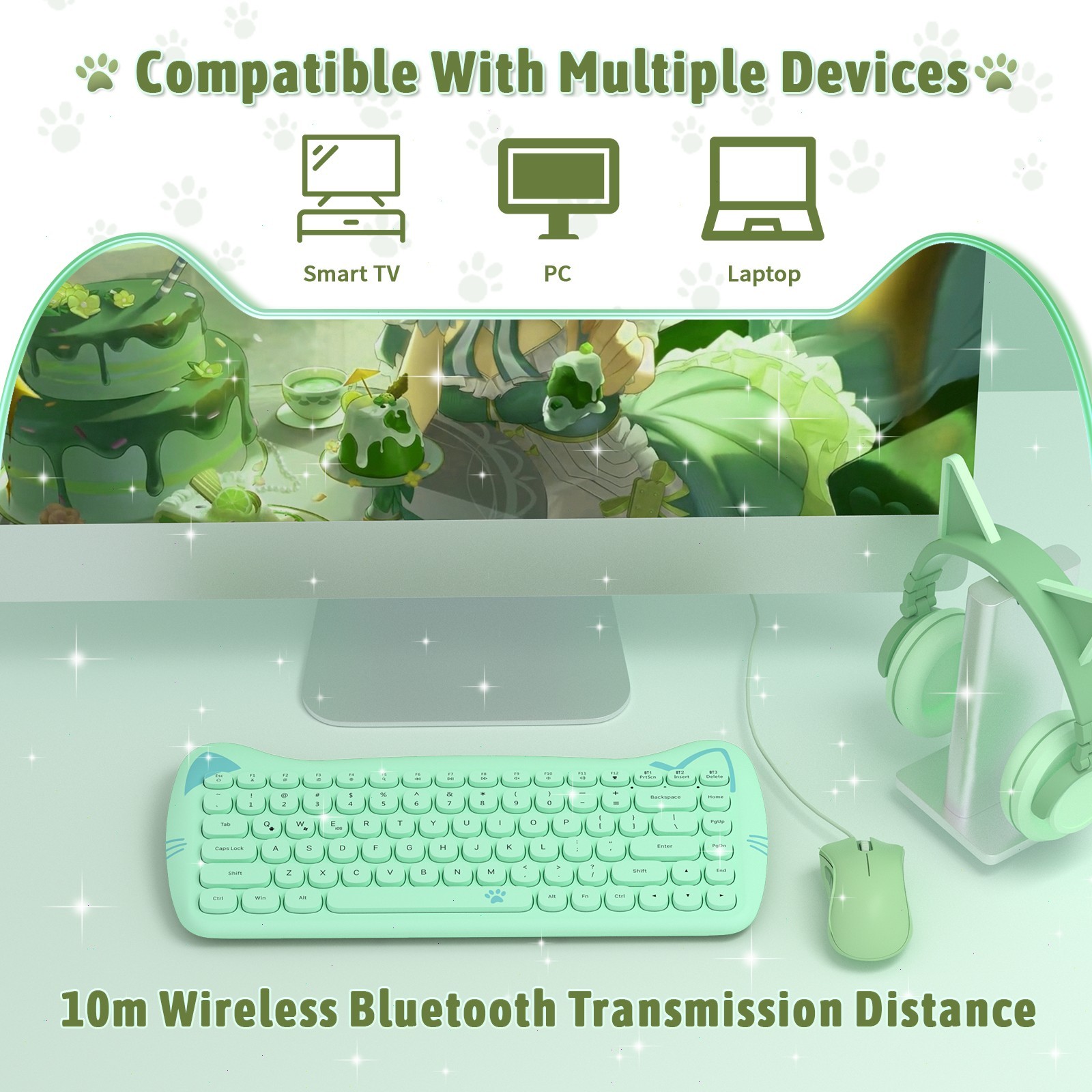 AJAZZ 3060i Cute Cat Ear Wireless Keyboard 84 Keys Silent Round Retro For PC Mac