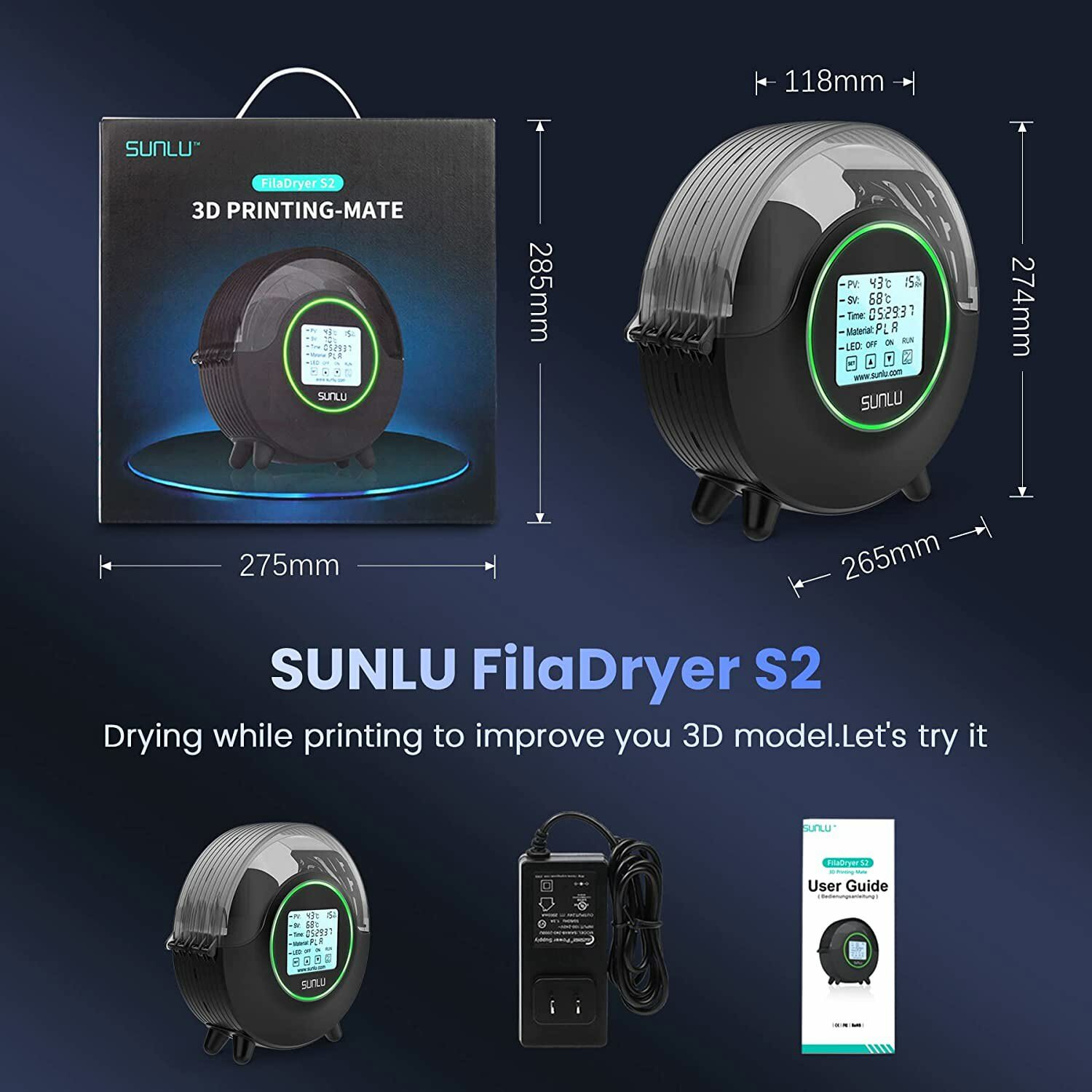 SUNLU Filament Dryer Box FilaDryer S2 Touch Screen 360° Heating