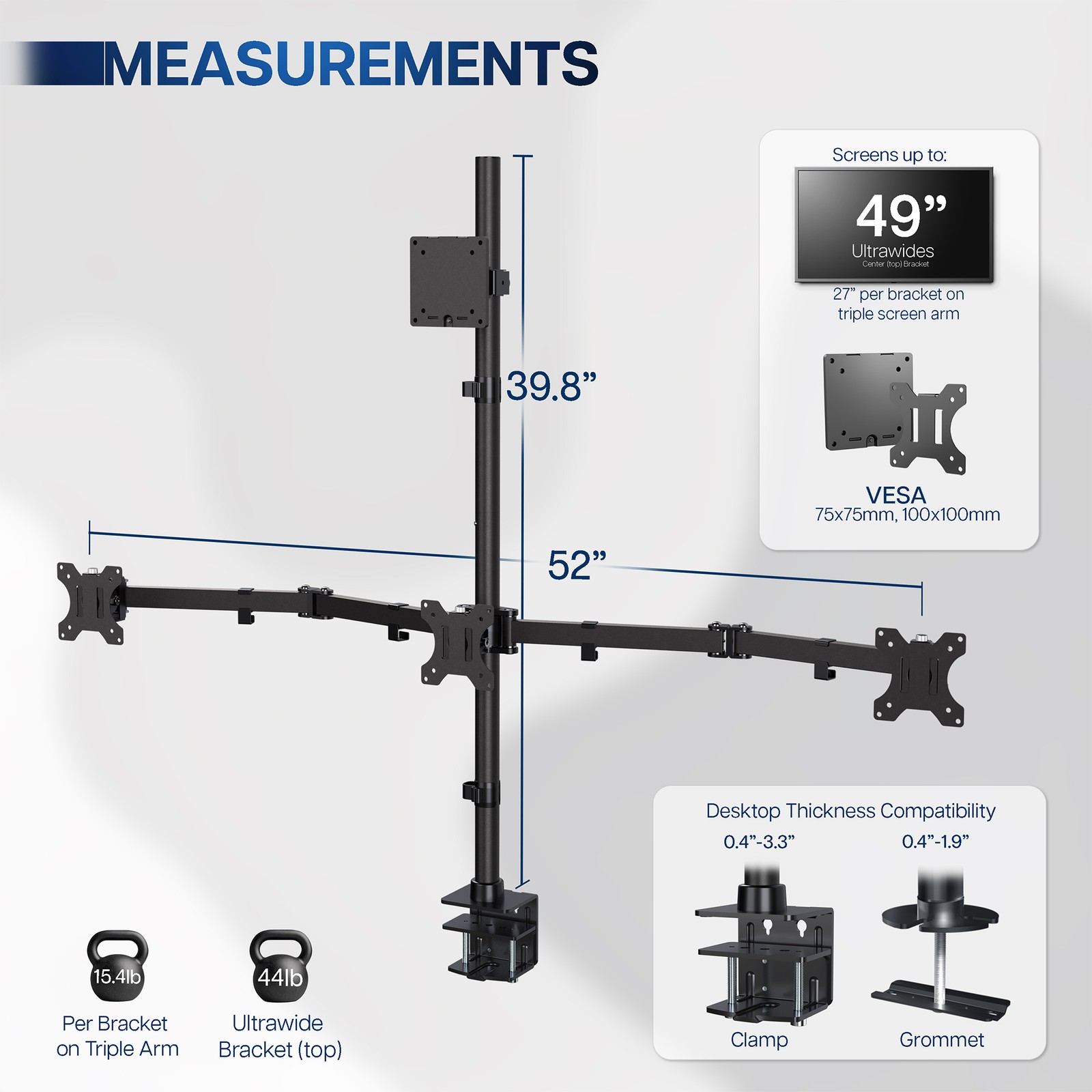 VIVO Quad Computer Monitor Desk Mount, 1 Ultrawide to 49″, 3 Standard to 27″