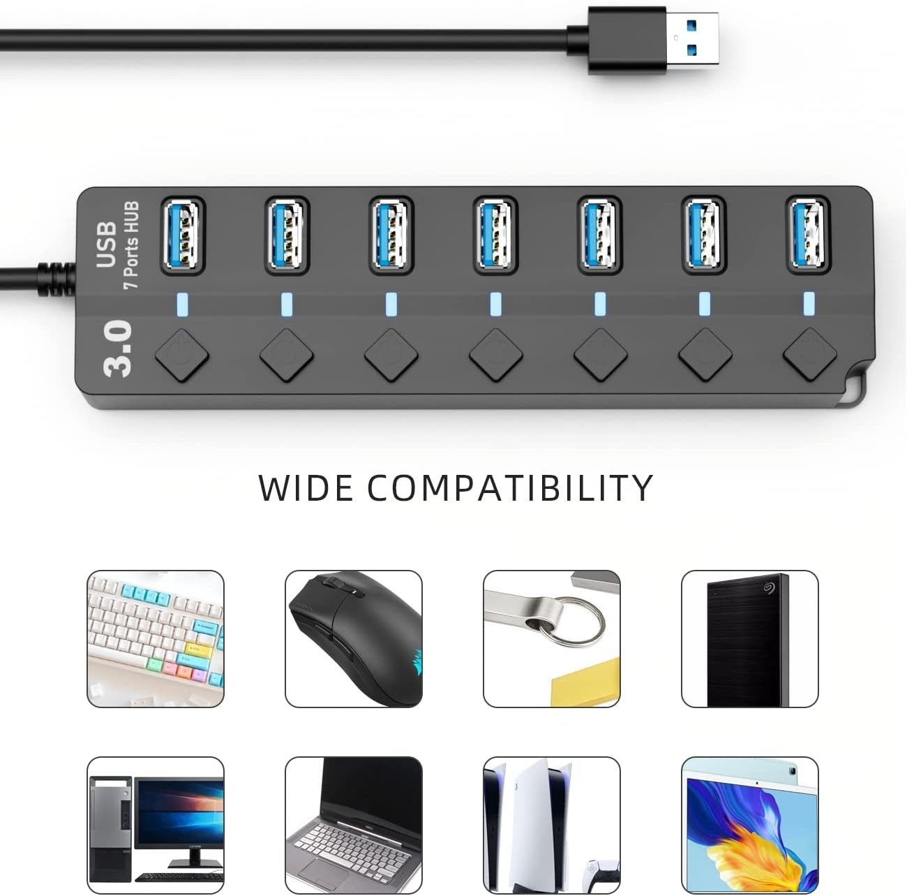 Plug and Play 7-Port USB Hub 3.0 for Fast Data Transfer and Easy Use