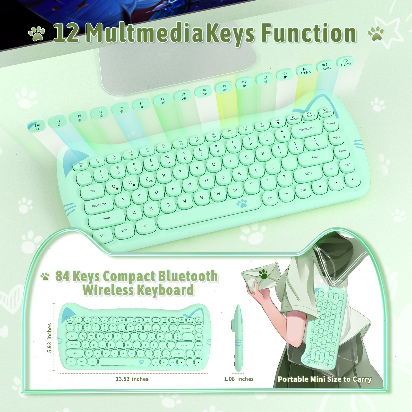 AJAZZ 3060i Cute Cat Ear Wireless Keyboard 84 Keys Silent Round Retro For PC Mac
