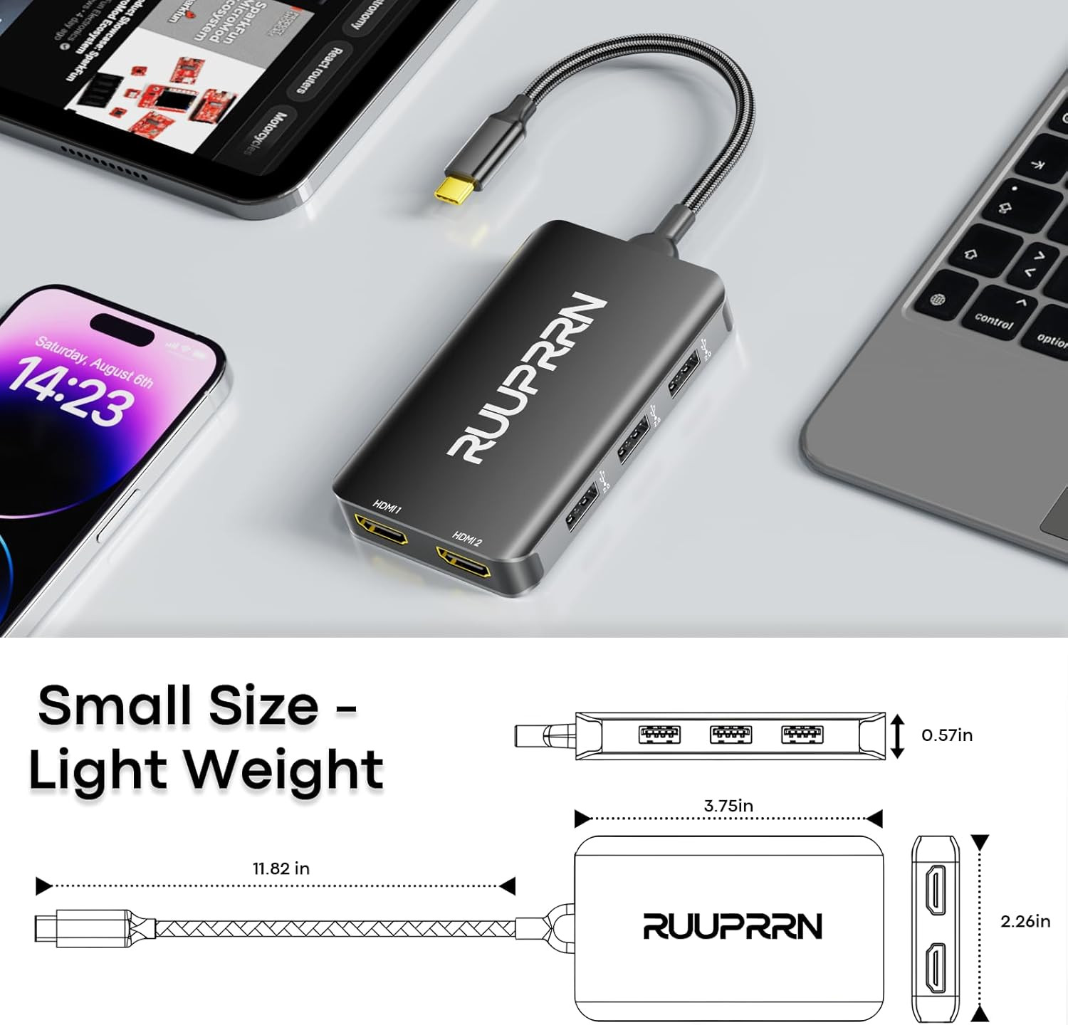 6-in-1 USB Hub (0.99FT), USB C to Dual HDMI Adapter 4K@60Hz, HDMI Splitter Exten