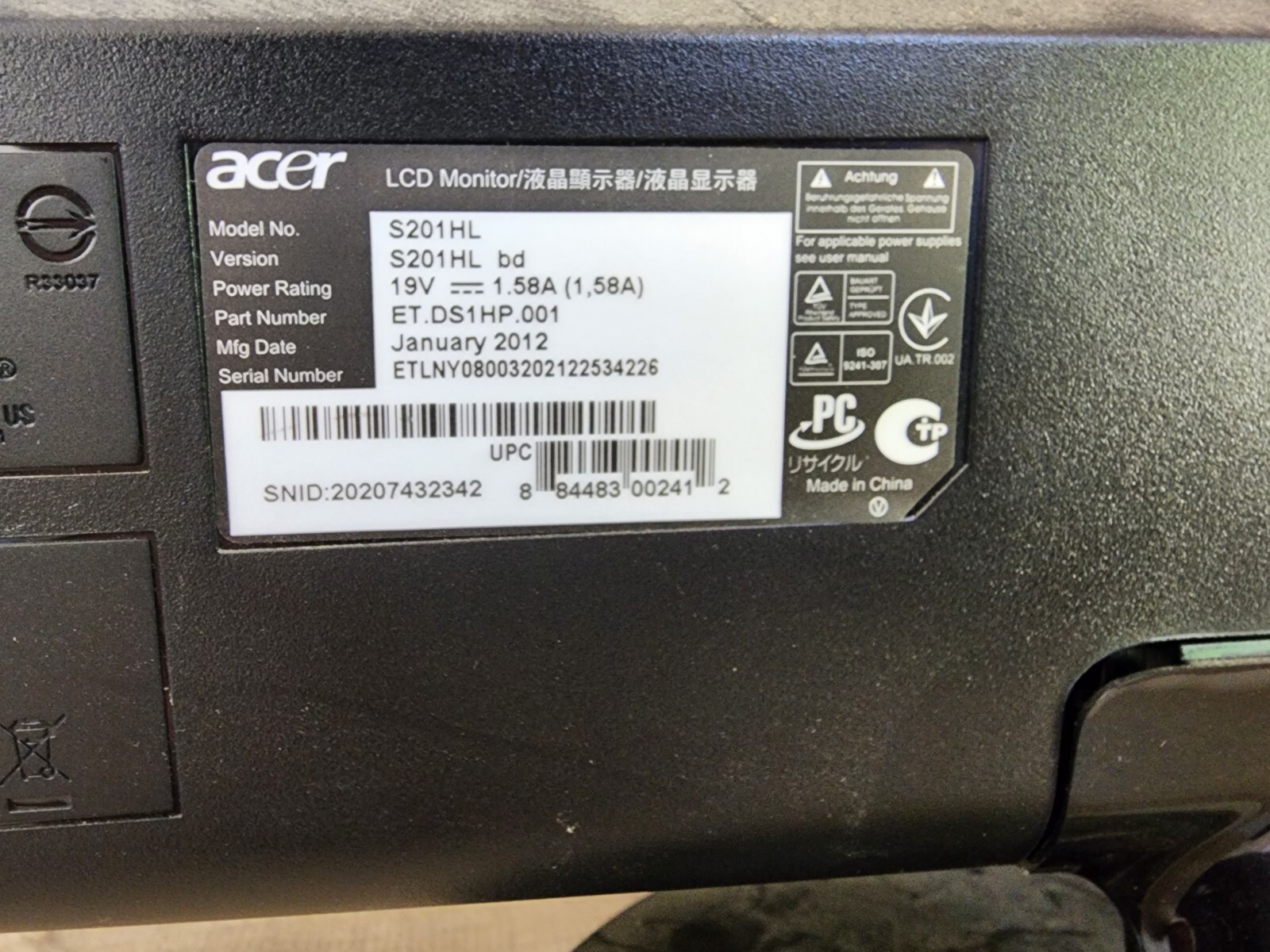 Acer S201HL bd Black 20 Inch Widescreen Flat Panel LED Backlight LCD Monitor