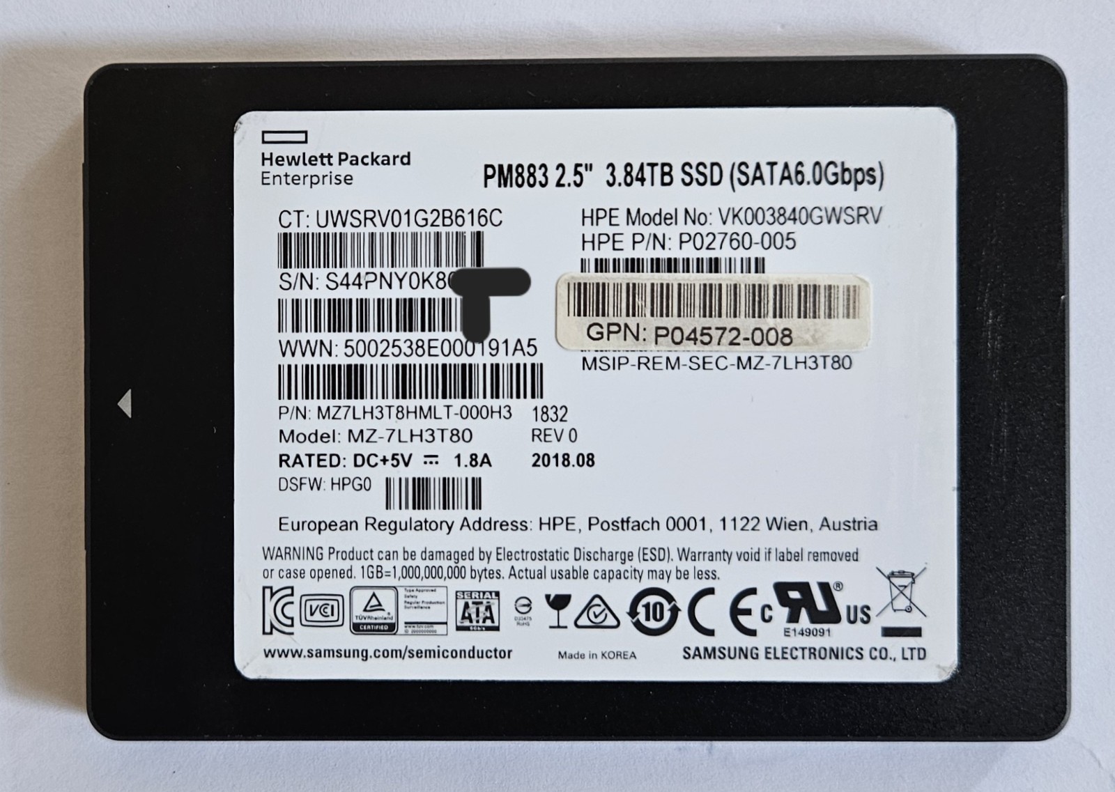3.84TB Samsung PM883 | 4TB 2.5″ Enterprise SSD | MZ7LH3T8HMLT-000H3 | 98% Life