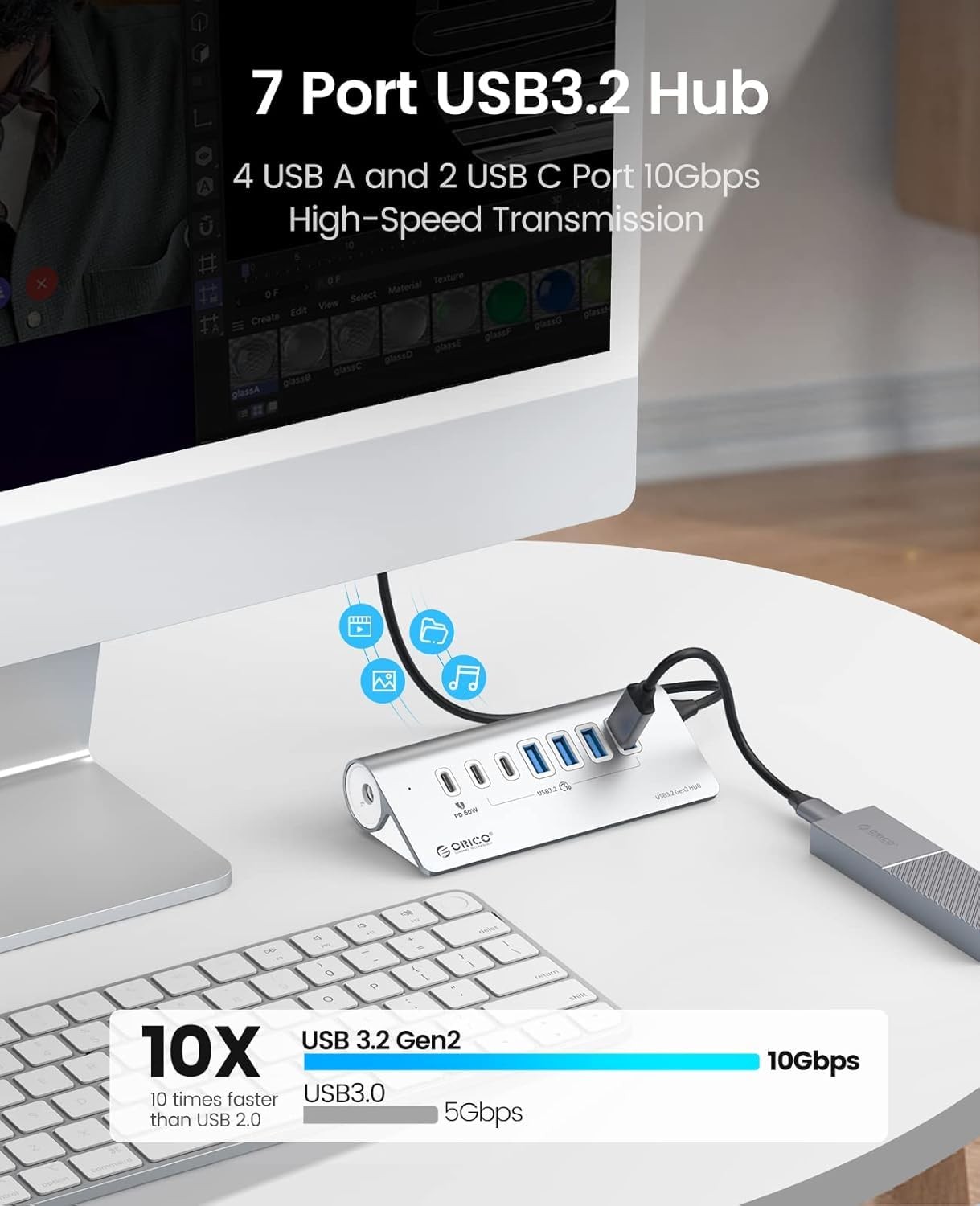 7-Port USB 3.2 Gen2 Hub, Powered USB 3.2 Hub with 4 USB-A, 2 USB-, PD 60W, 72…