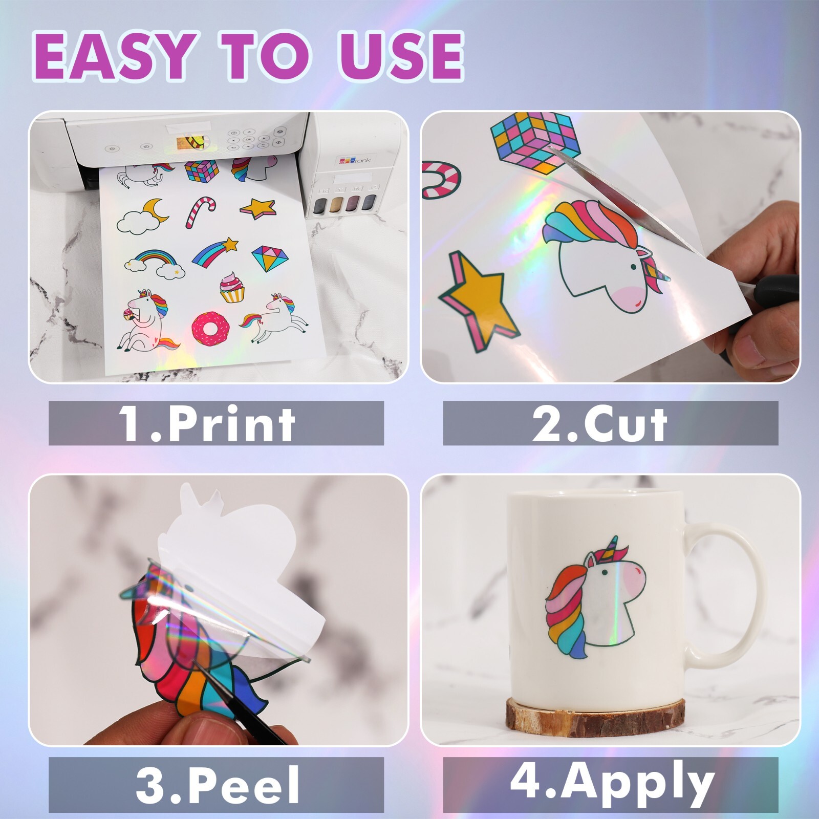 Koala Clear Rainbow Holographic Sticker Paper for Inkjet +Laser Printers 8.5×11