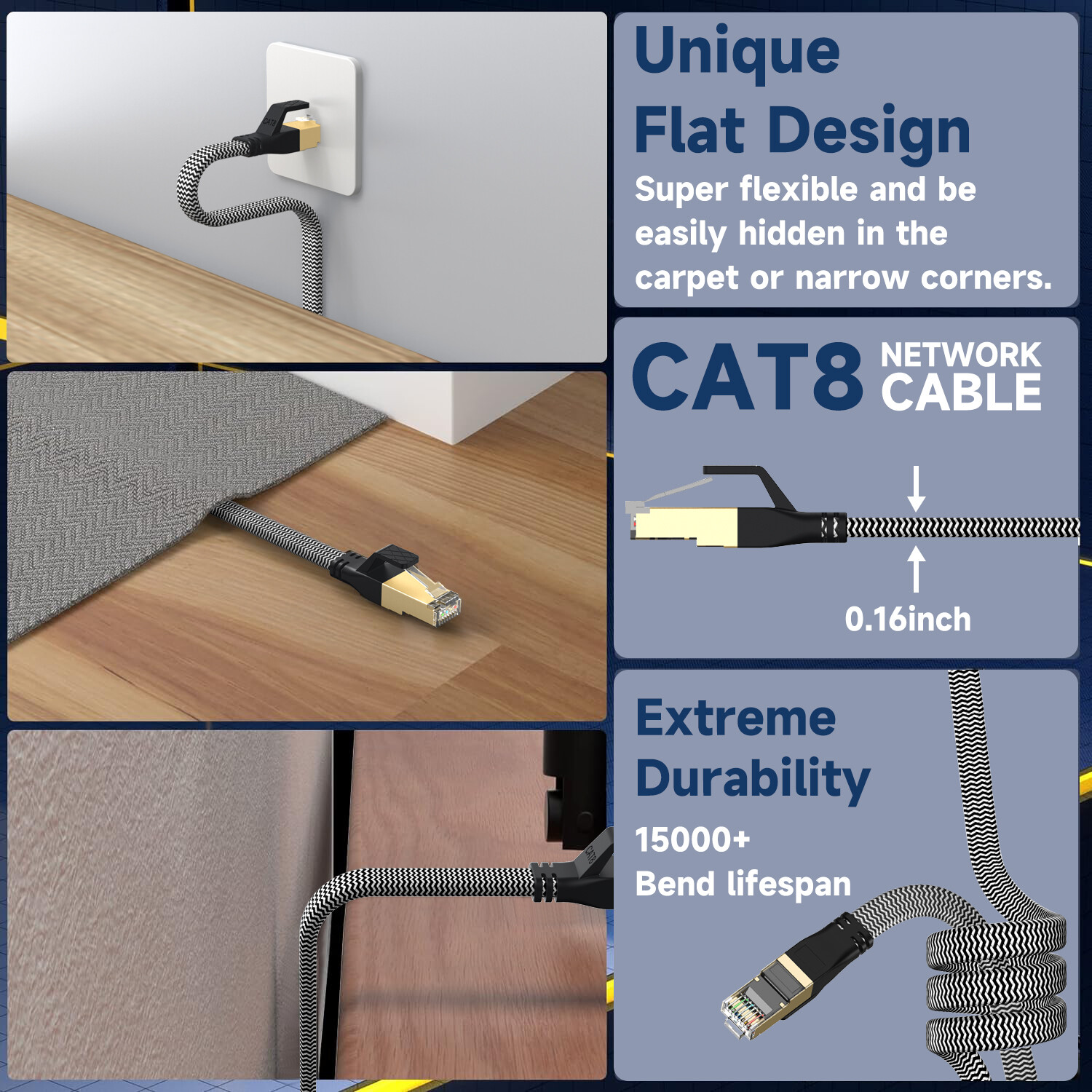 Braided 6FT-50FT Heavy Duty Cat8 Ethernet Cable 40Gbps/2000Mhz RJ45 Network Cord