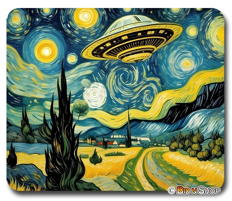 Van Gogh Starry Night & UFO Aliens – Mouse Pad / PC Mousepad – Fun Art Meme GIFT