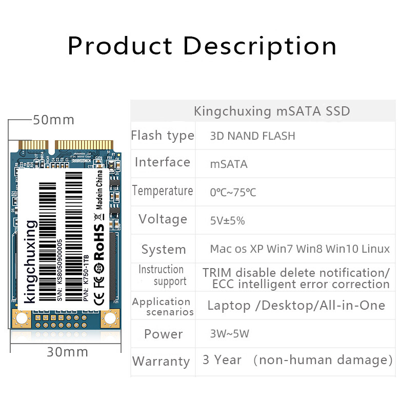 Kingchuxing 512GB 256 GB mSATA III SSD Internal Solid State Hard Drives Laptop