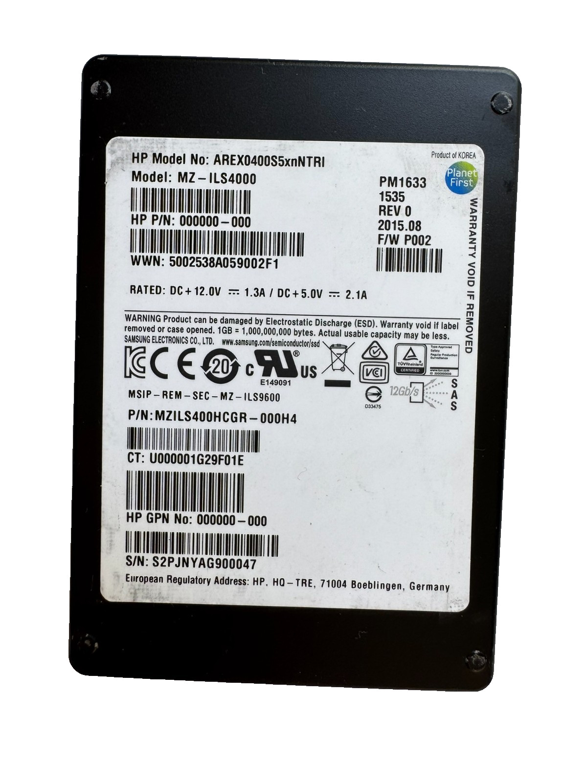 HPE SAMSUNG PM1633 400GB 2.5″ SAS SSD 12Gbps/512b/s/LOW HOURs/ All 99% Health