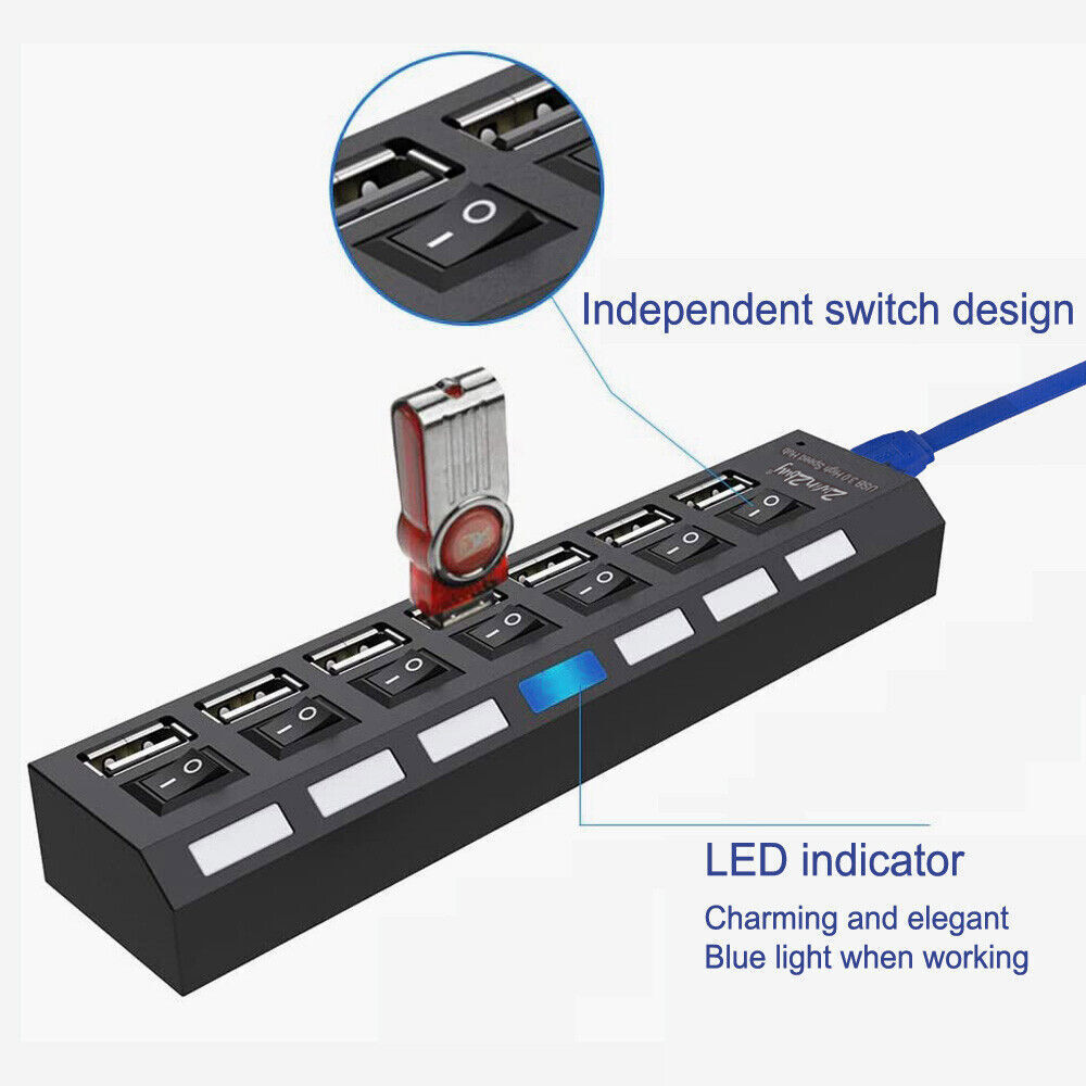 7 Port USB 3.0 Hub High Speed Splitter Box Power Adaptor Charger ON/OFF Switch