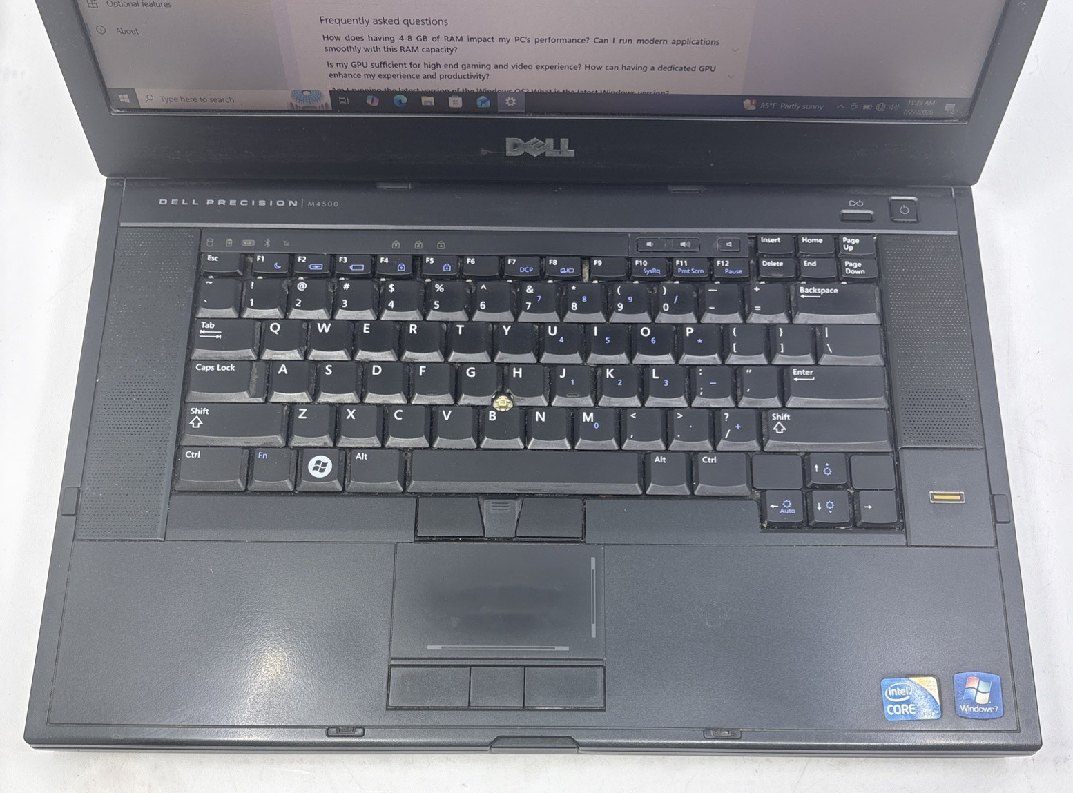 Dell Precision M4500 i7-620M 2.67GHZ4GB RAM 250GB SSD Quadro FX Win 10 Bad Trpad