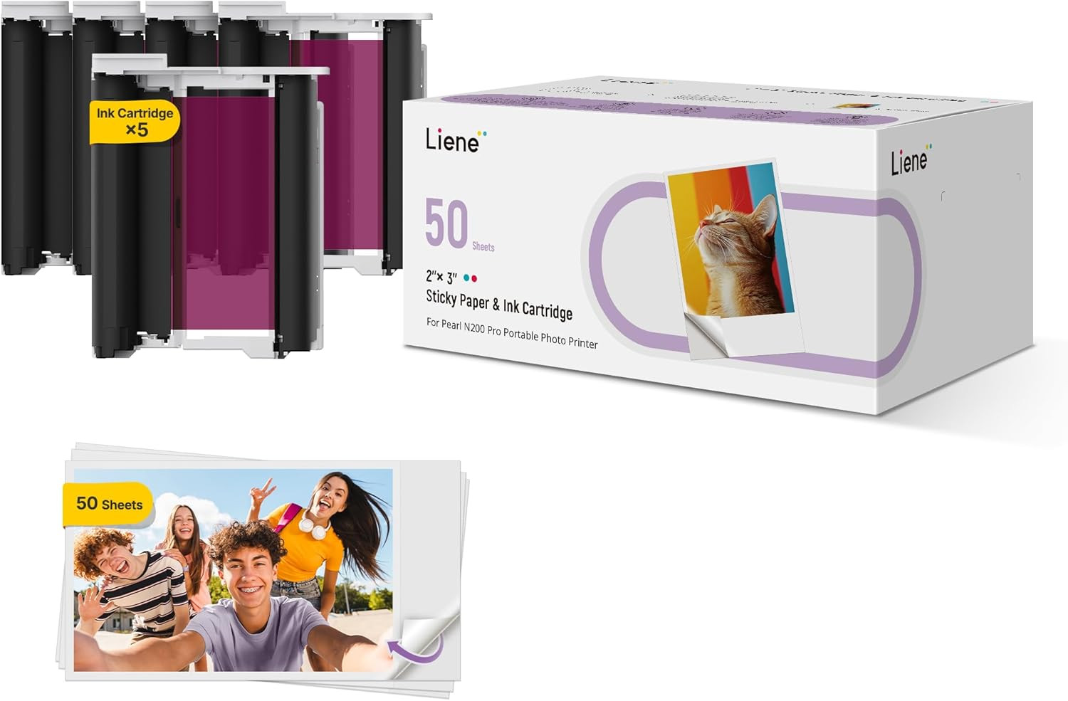 Liene Pearl N200 Pro Portable Photo Printer Photo Paper 50 Sheets & 5 Cartridges