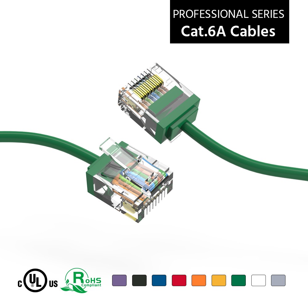 10 Pack of 1Ft CAT6A UTP Super-Slim Ethernet Network Cable 32AWG Green
