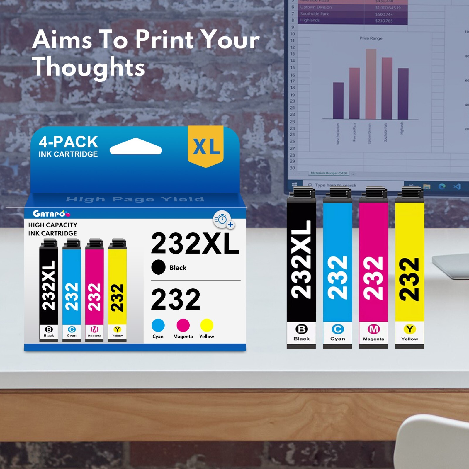 GATAPO® 4PK 232XL 232 XL T232XL Ink Cartridges for Epson WF-2930 WF-2950 XP-4205