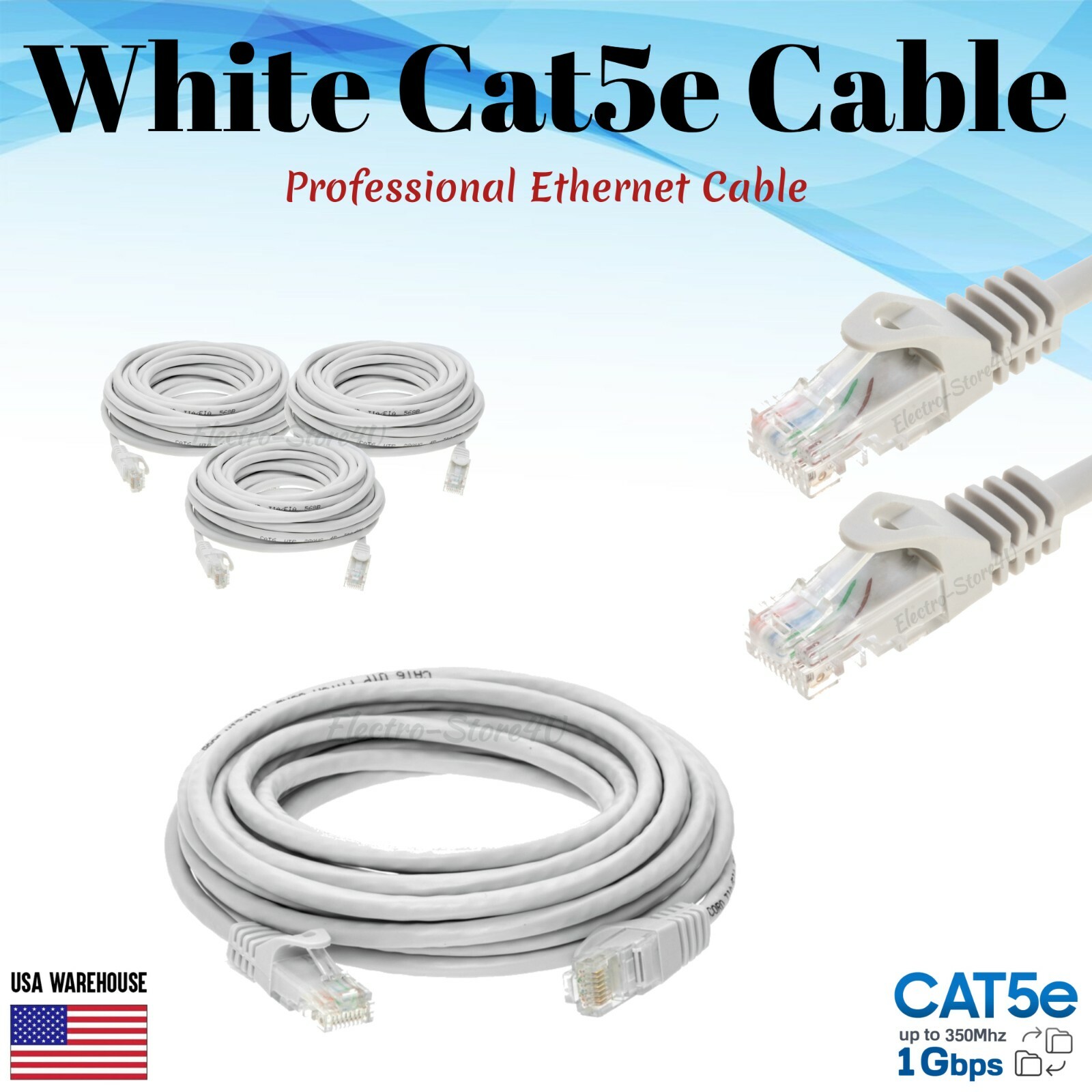Cat5e Ethernet Patch Cable White 1.5 3 5 6 7 10 15 20 25 30 50 75 100 200 FT Lot