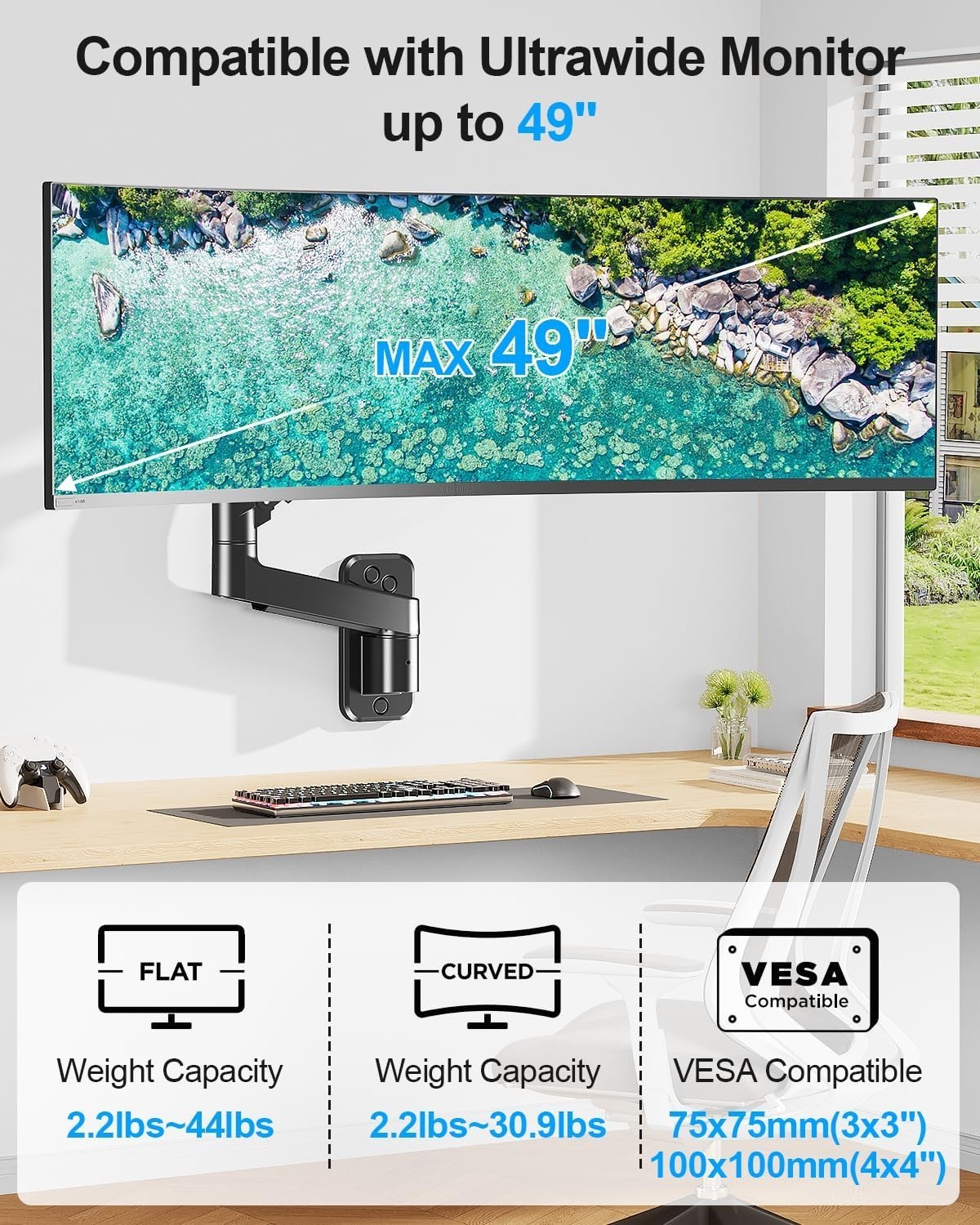 Monitor Wall Mount fits 22″-49″ Ultrawide Flat & Curved Screens