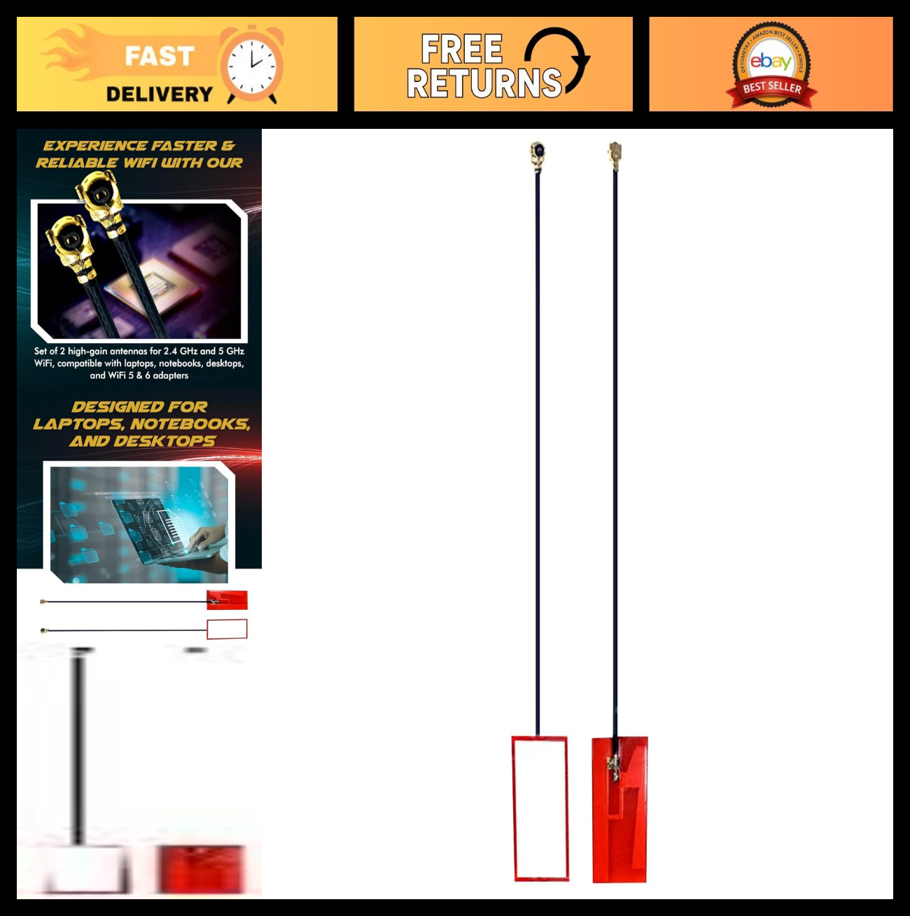 High-Gain WiFi Antenna for PC, Laptop & Desktop | 2.4GHz/5GHz/6GHz | Mini PCIe 2