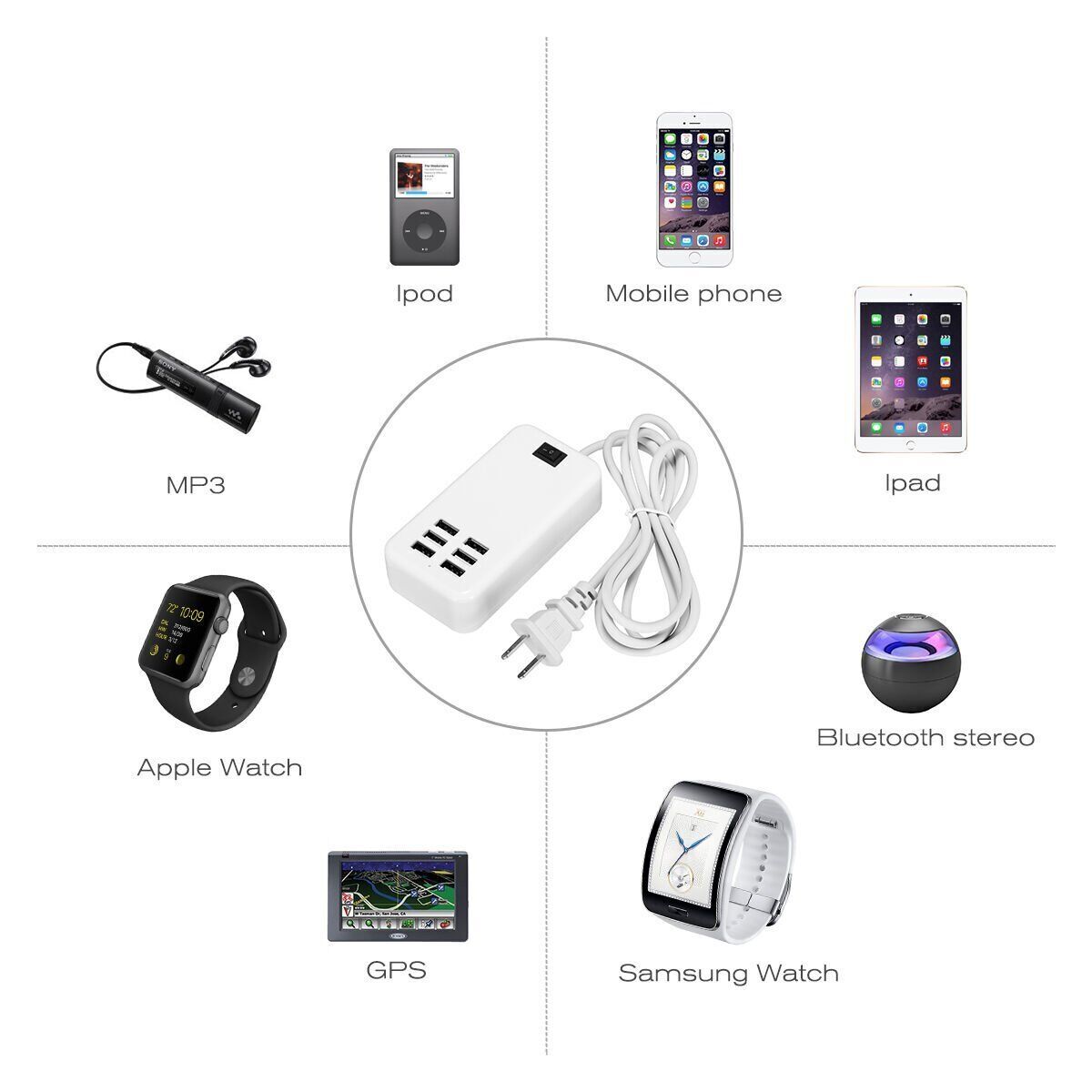 6 Port USB Hub Fast Wall Charger Station Multi-Function AC Power Adapter Desktop