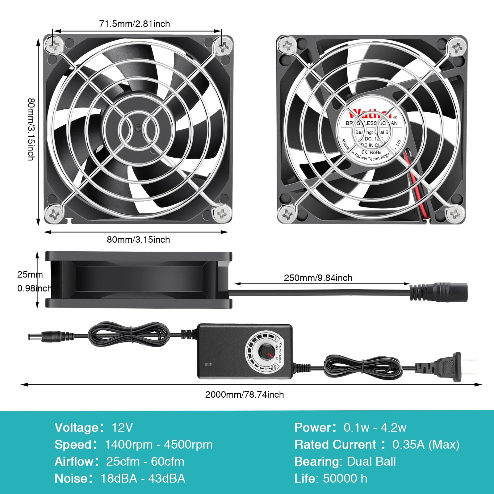 80mm Small Computer Cooling Fan with AC Plug, 110V 120V 220V 240V Fan Enhance…