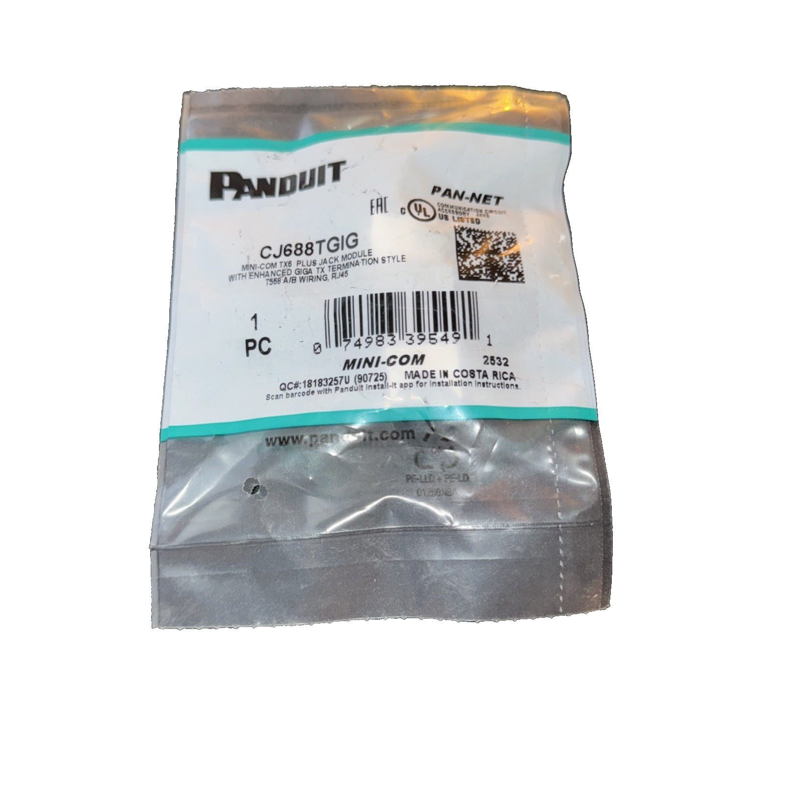Panduit CJ688TGIG Cat6 8-Wire TG-Style Jack Module, International Grey