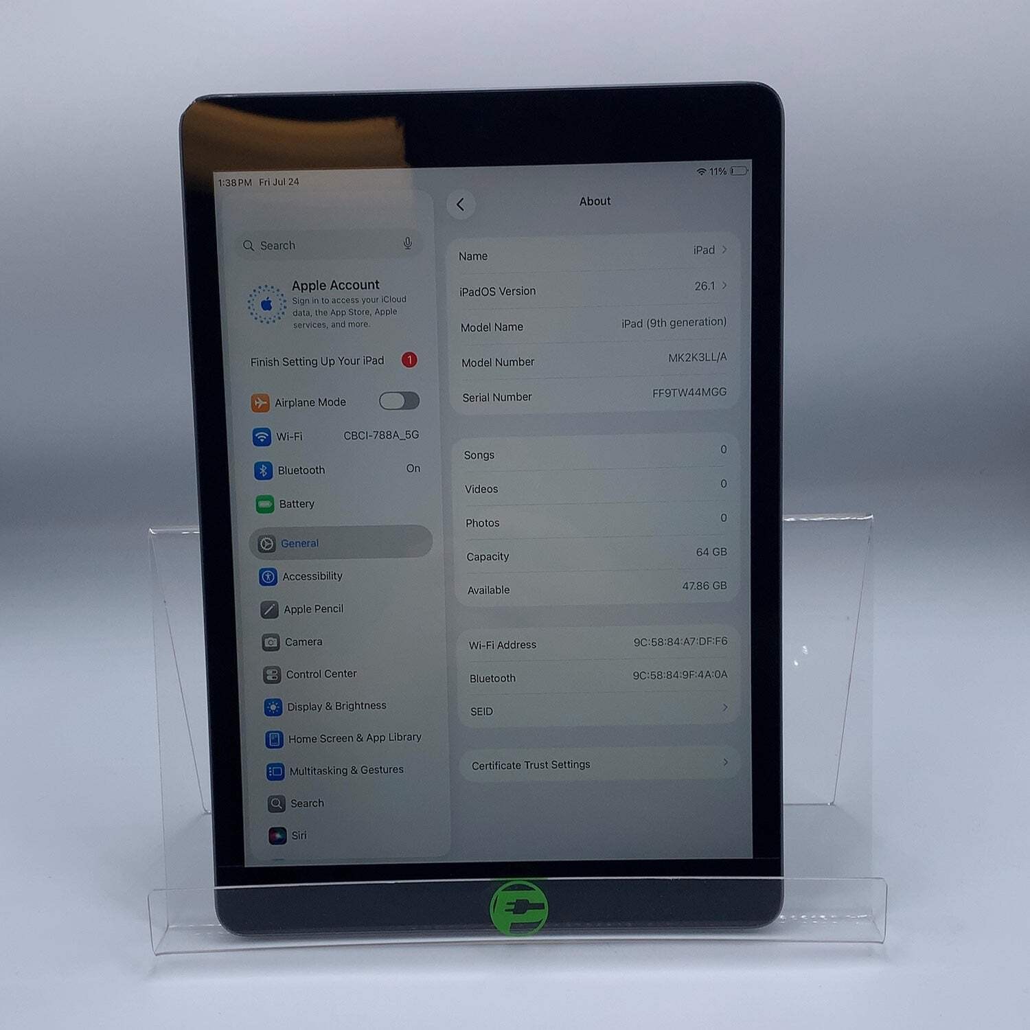 WiFi Only Apple iPad 9th Gen 64GB 26.1 Space Gray MK2K3LL/A