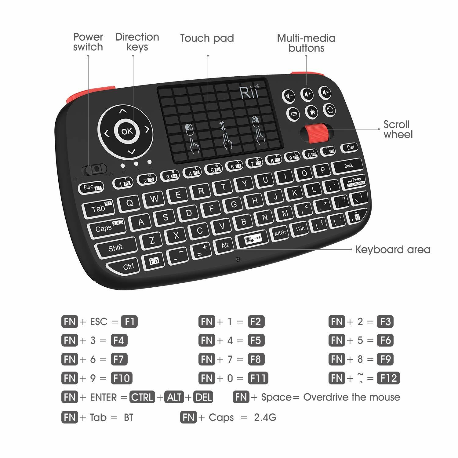 Rii i4 (Bluetooth + 2.4GHz) Blacklit Portable Mini Keyboard with Scroll wheel