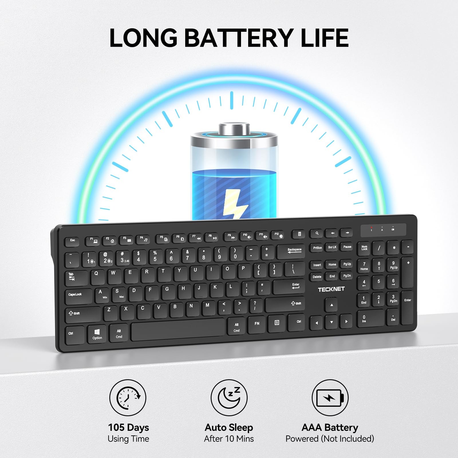 Wireless Keyboard 2.4G Bluetooth Multi Device Full Size For Win Mac PC Black